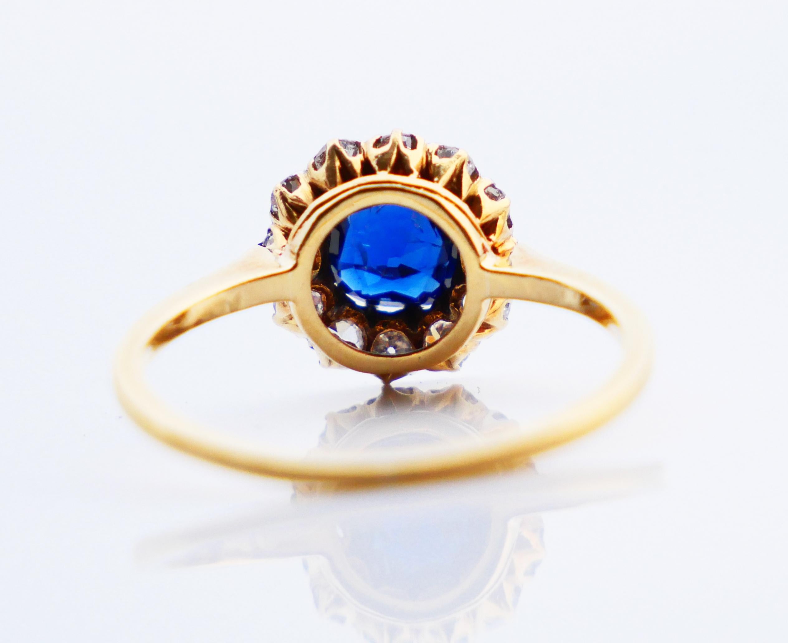 Old European Cut 1920s Nordic Halo Ring 1ct Sapphire Diamonds solid 18K Gold Ø 6.25US /2.2 gr For Sale