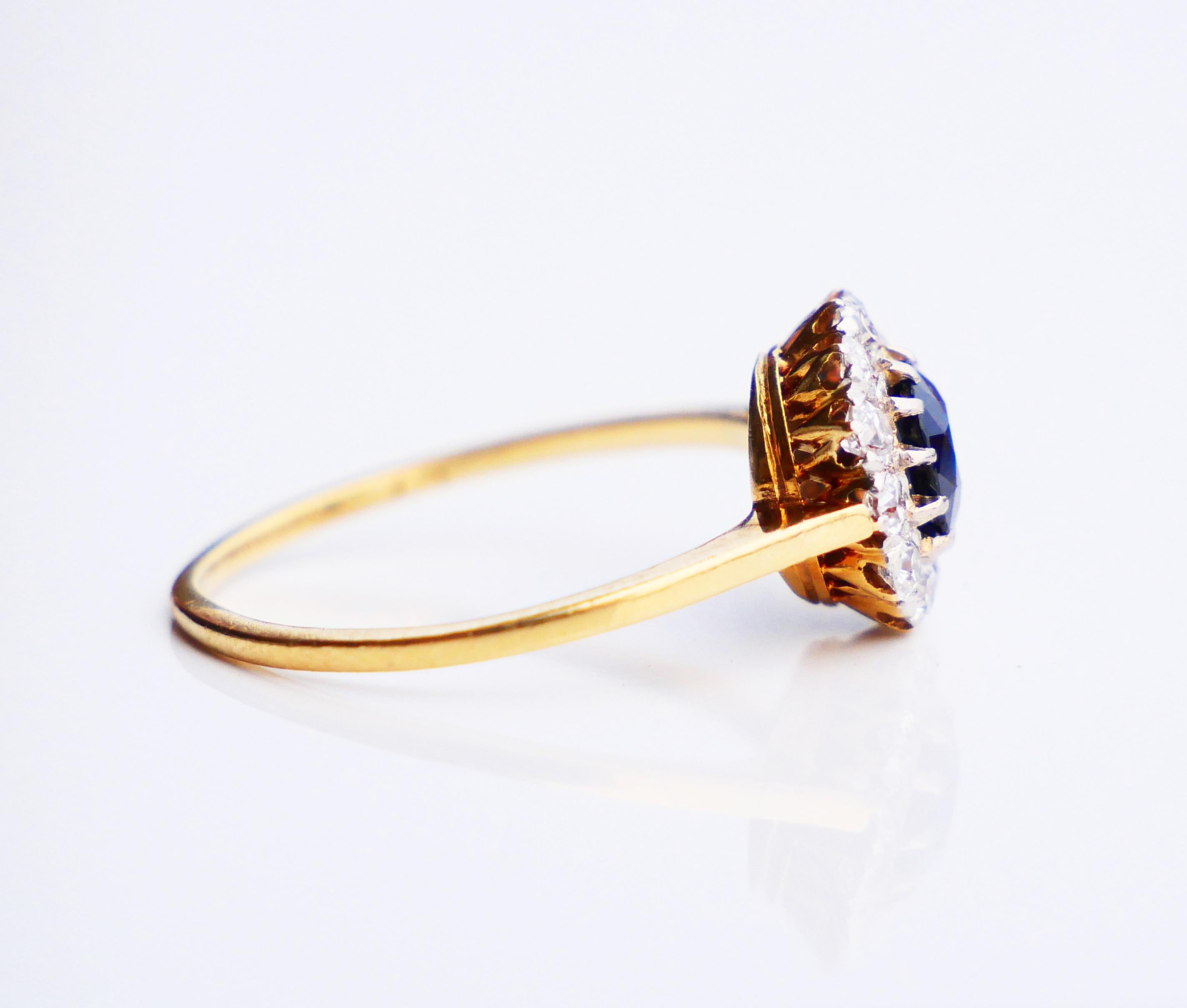 1920s Nordic Halo Ring 1ct Sapphire Diamonds solid 18K Gold Ø 6.25US /2.2 gr For Sale 1
