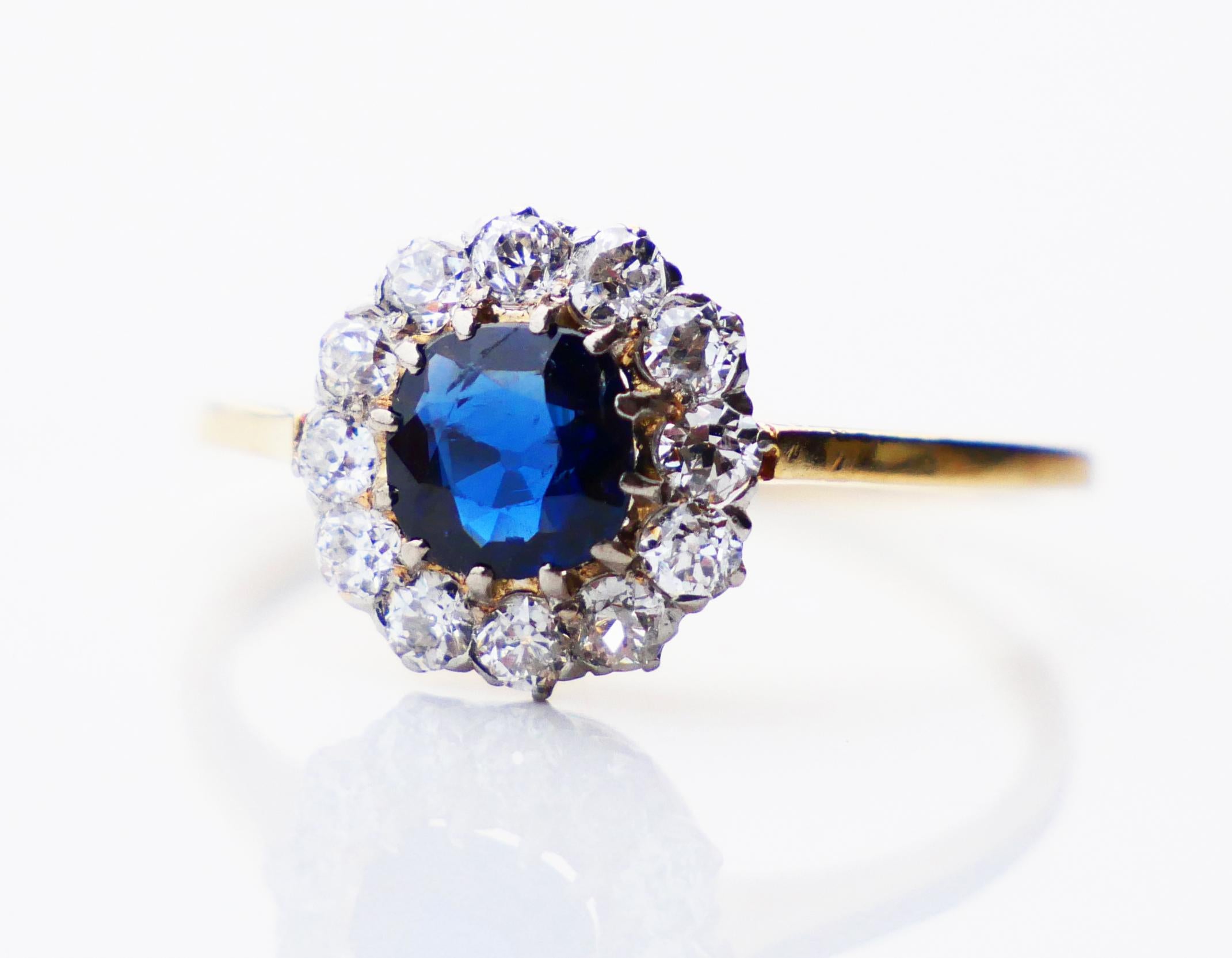 1920s Nordic Halo Ring 1ct Sapphire Diamonds solid 18K Gold Ø 6.25US /2.2 gr For Sale 2