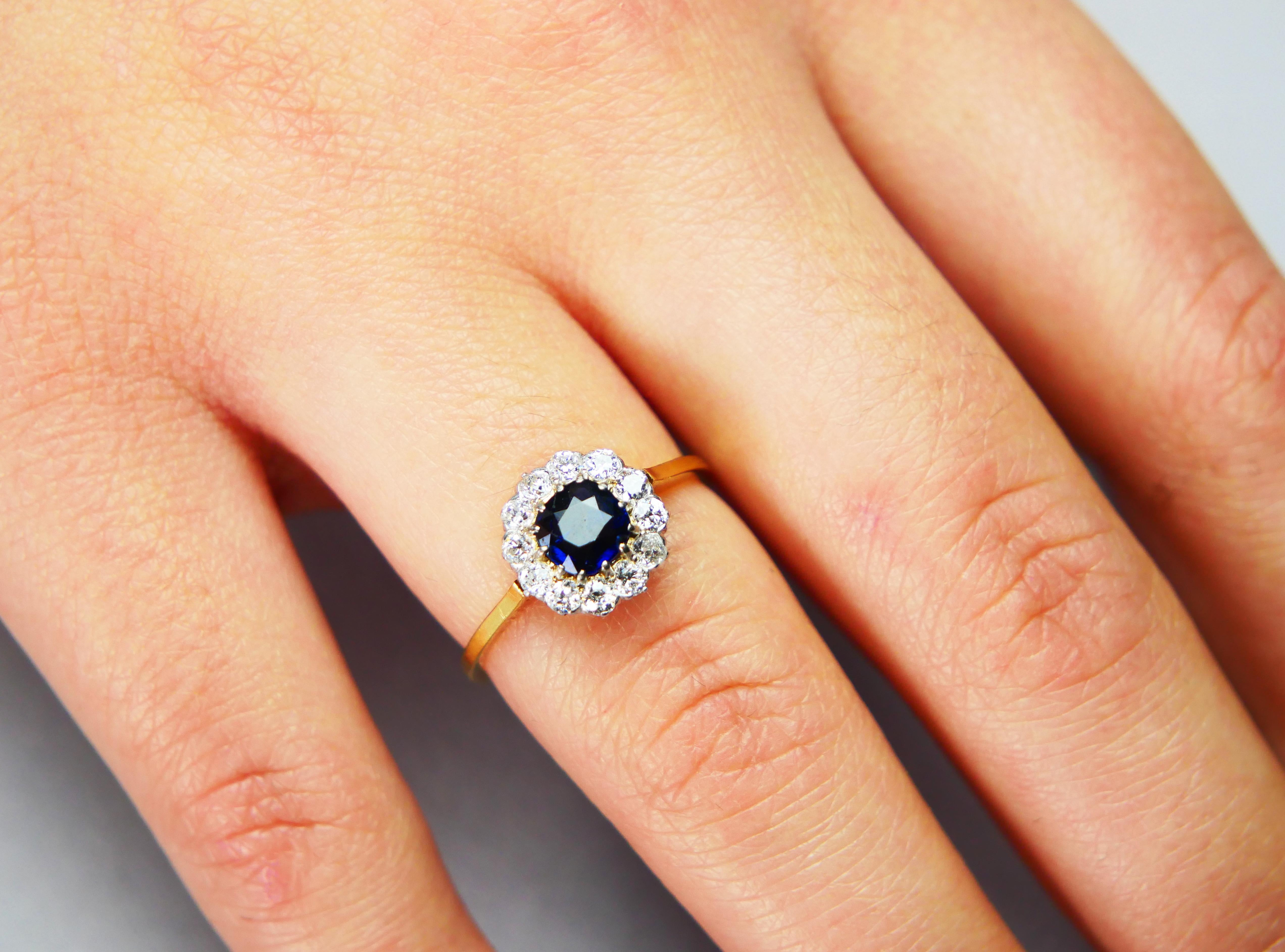 1920s Nordic Halo Ring 1ct Sapphire Diamonds solid 18K Gold Ø 6.25US /2.2 gr For Sale 3