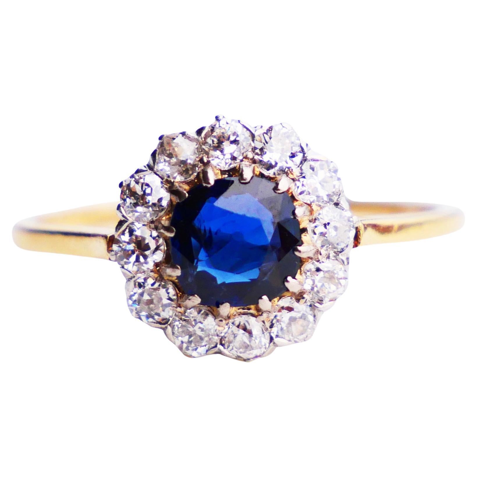 1920s Nordic Halo Ring 1ct Sapphire Diamonds solid 18K Gold Ø 6.25US /2.2 gr