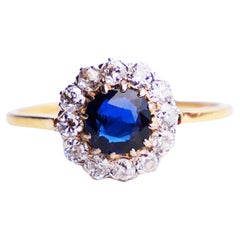 1920s Nordic Halo Ring 1ct Sapphire Diamonds solid 18K Gold Ø 6.25US /2.2 gr