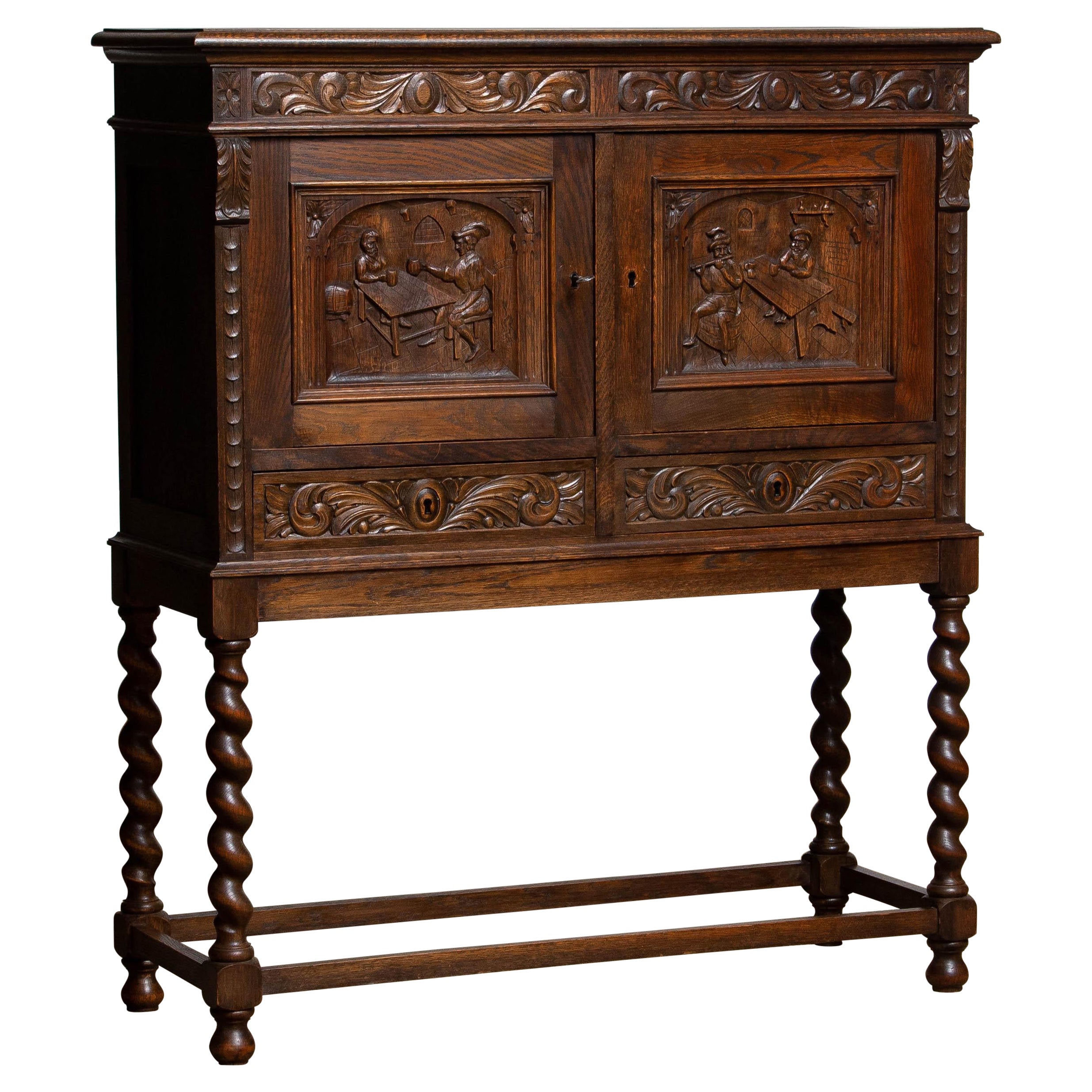 1920's North European Antique Carved Dry Bar / Drinks Cabinet Renaissance Style