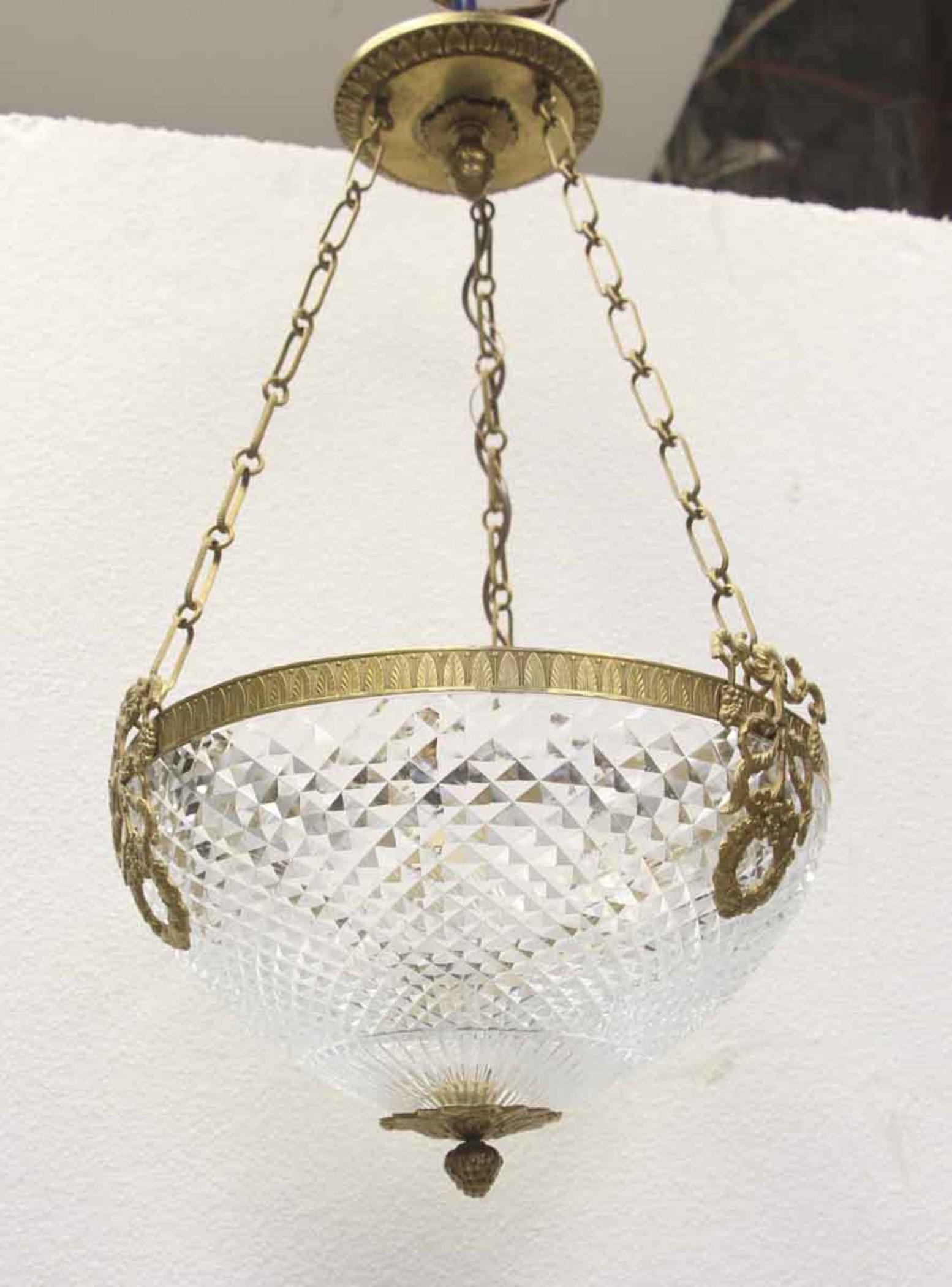 Early 20th Century 1920s NYC Waldorf Astoria Cut Crystal & Gilded Brass 3 Light Pendant Dish Light