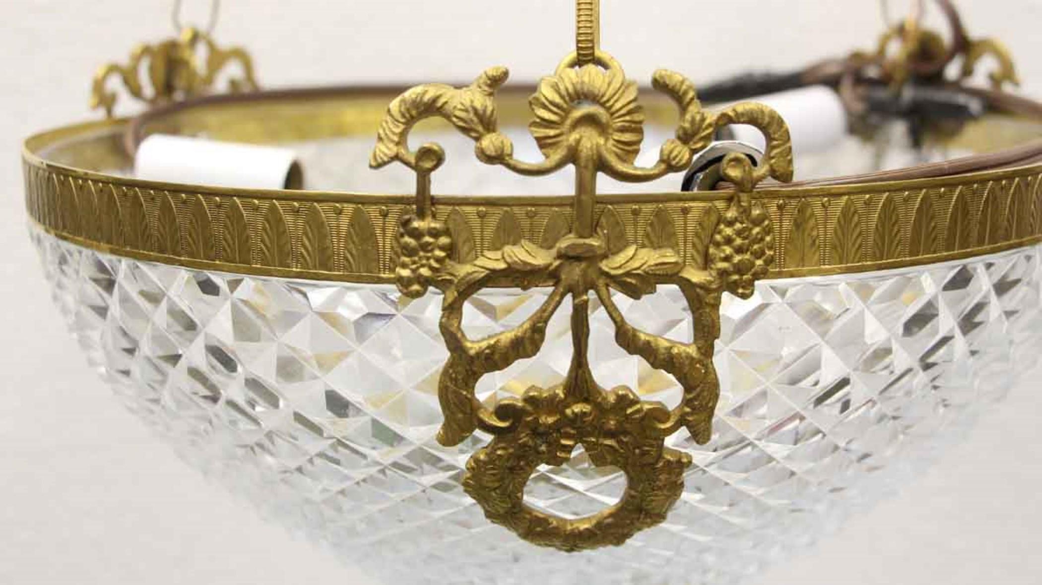 1920s NYC Waldorf Astoria Cut Crystal & Gilded Brass 3 Light Pendant Dish Light 1