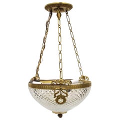 1920s NYC Waldorf Astoria Cut Crystal & Gilded Brass 3 Light Pendant Dish Light