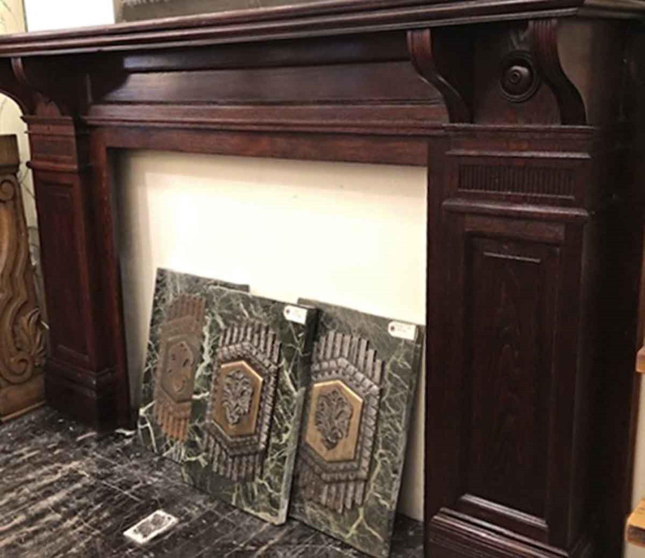 American 1920s Oak Mantel with Dark Stain and Bulls Eye Details from W. 85th St Manhattan