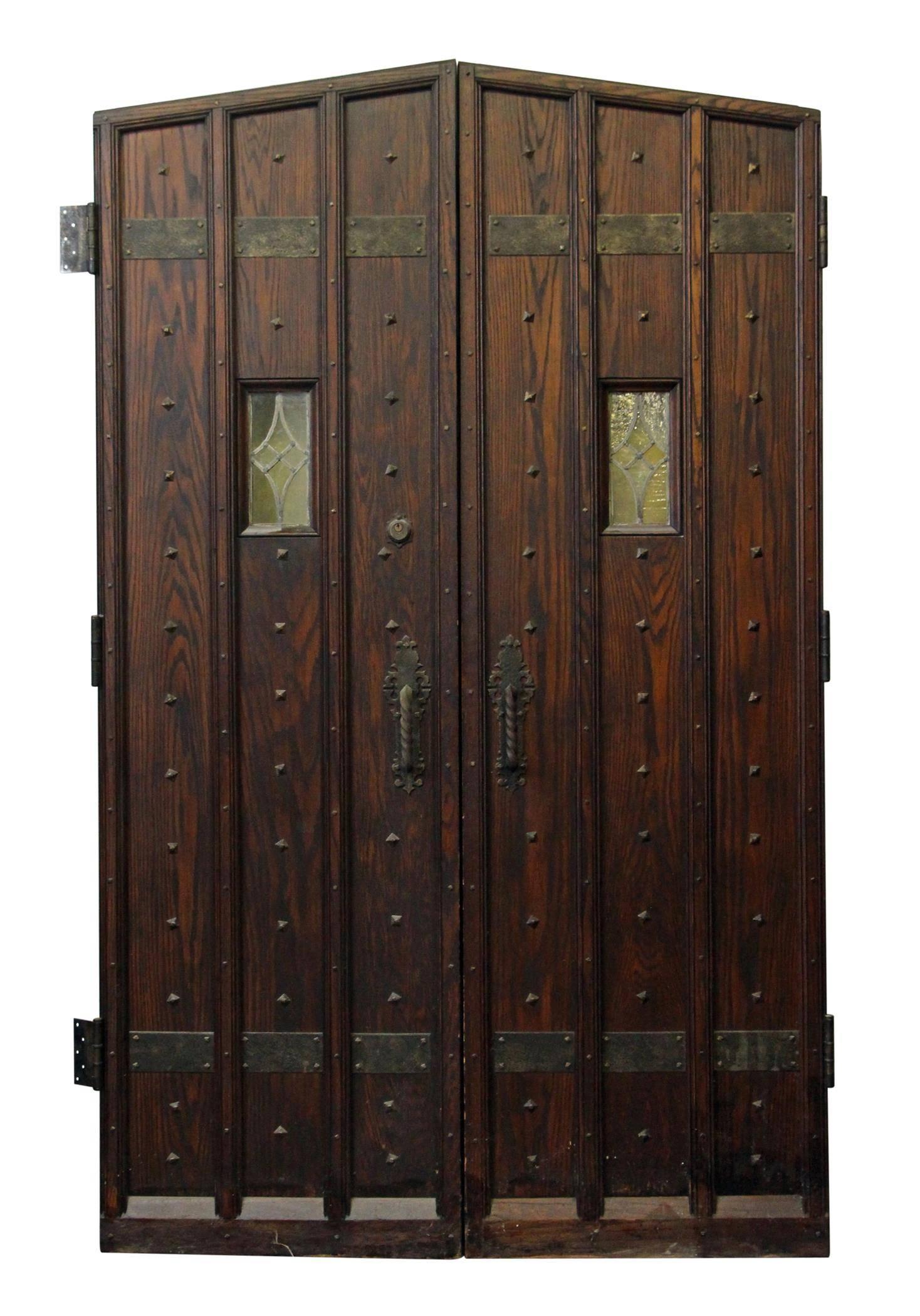 American 1920s Oak Wine Cellar Double Entry Doors with Gothic Arch