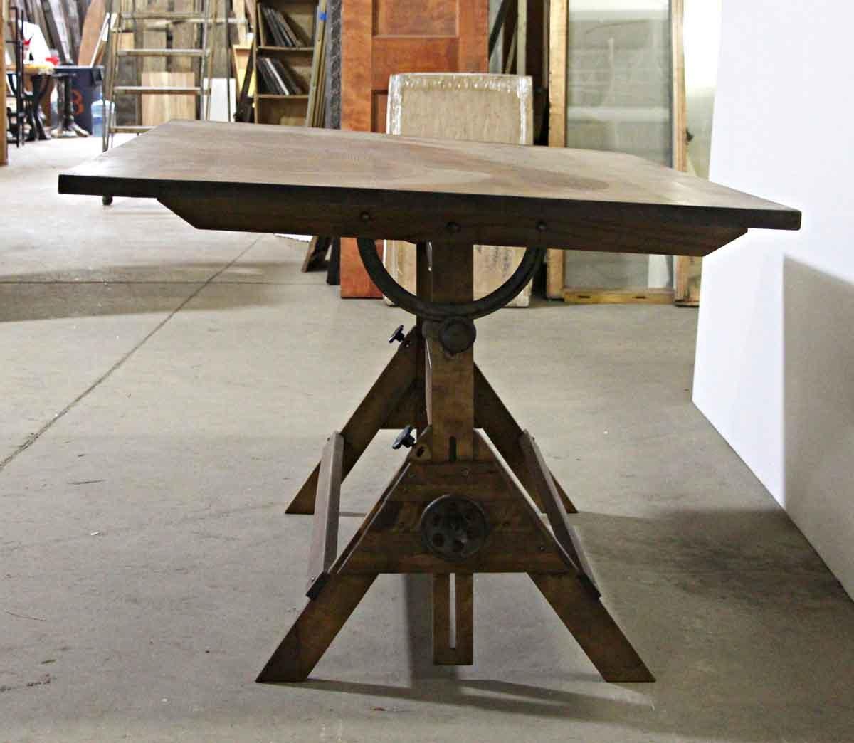 Industrial 1920s Oak Wooden Architect Drafting Table with Adjustable Wooden Base