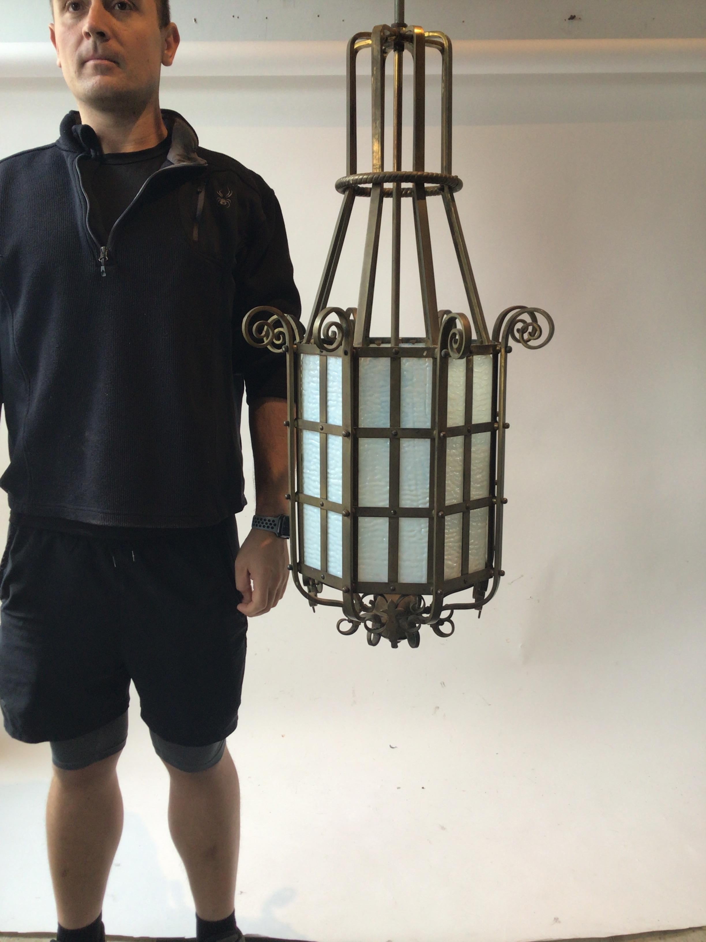 1920s Octagonal Bronze and Slate Glass Lantern For Sale 7