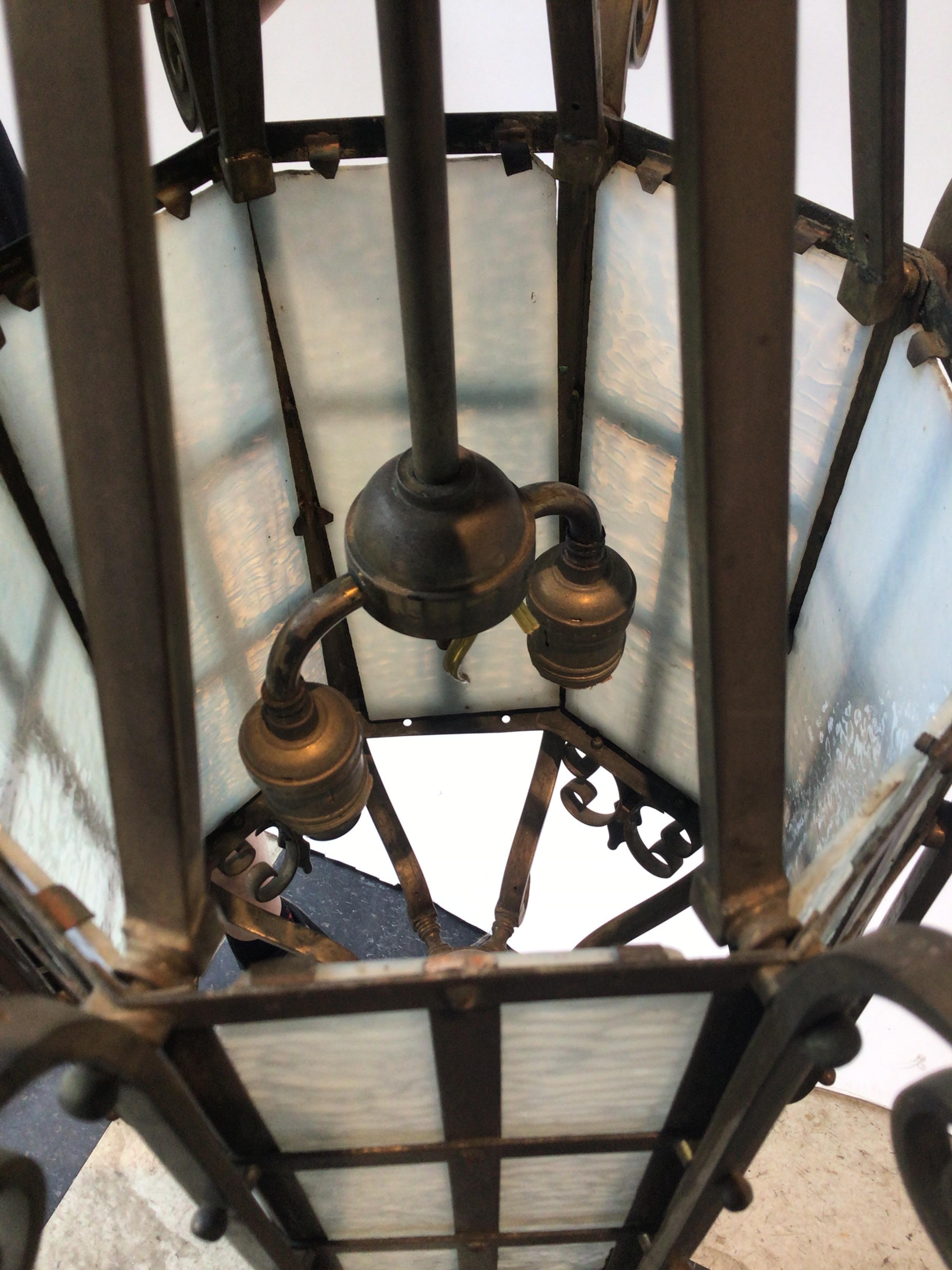 1920s Octagonal Bronze and Slate Glass Lantern For Sale 8