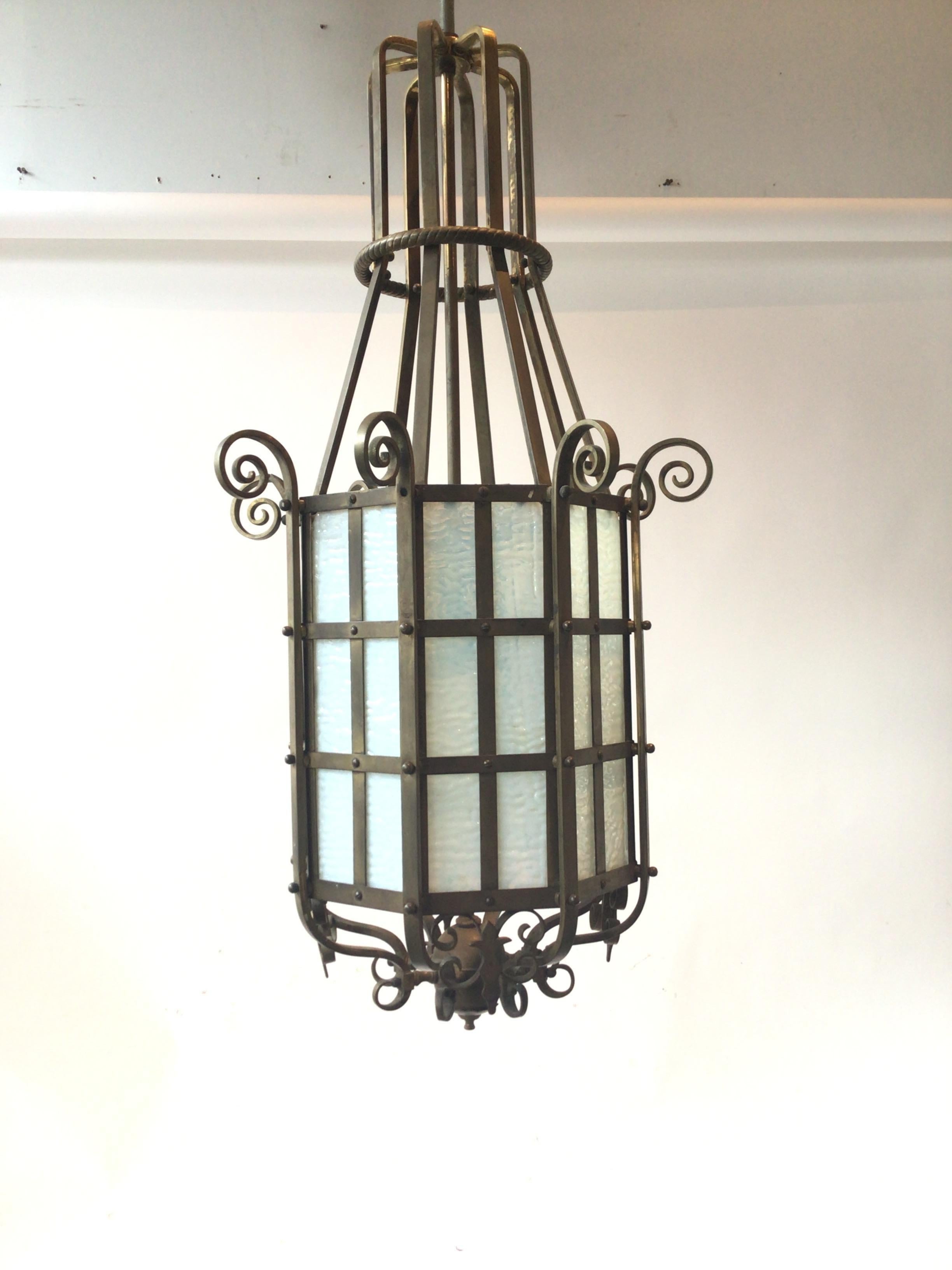 1920s Bronze and slate glass lantern. Was rewired about 10 years ago, needs rewiring.