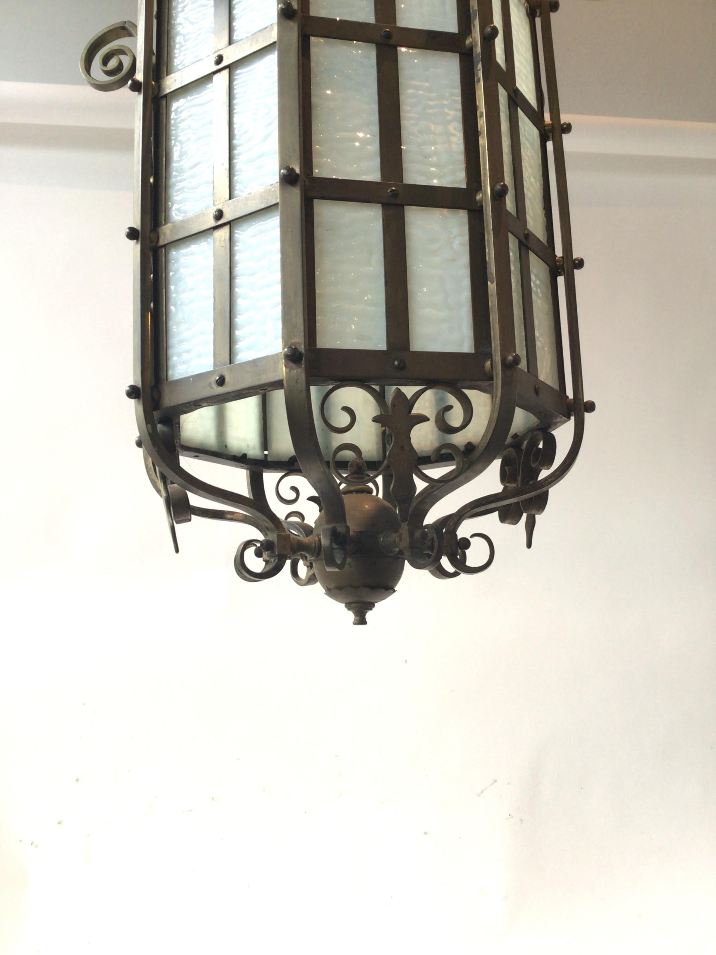 Early 20th Century 1920s Octagonal Bronze and Slate Glass Lantern For Sale