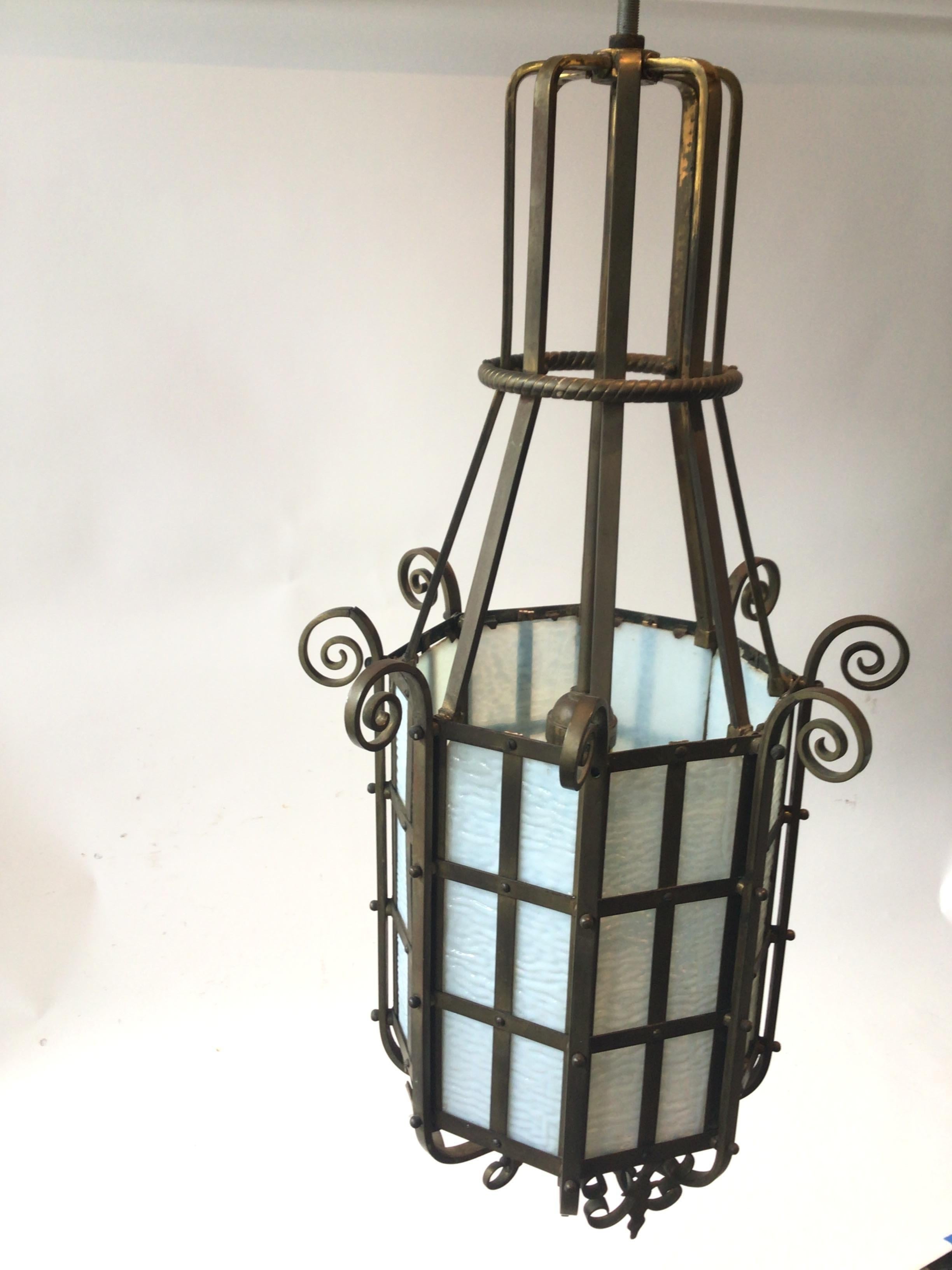 1920s Octagonal Bronze and Slate Glass Lantern For Sale 1