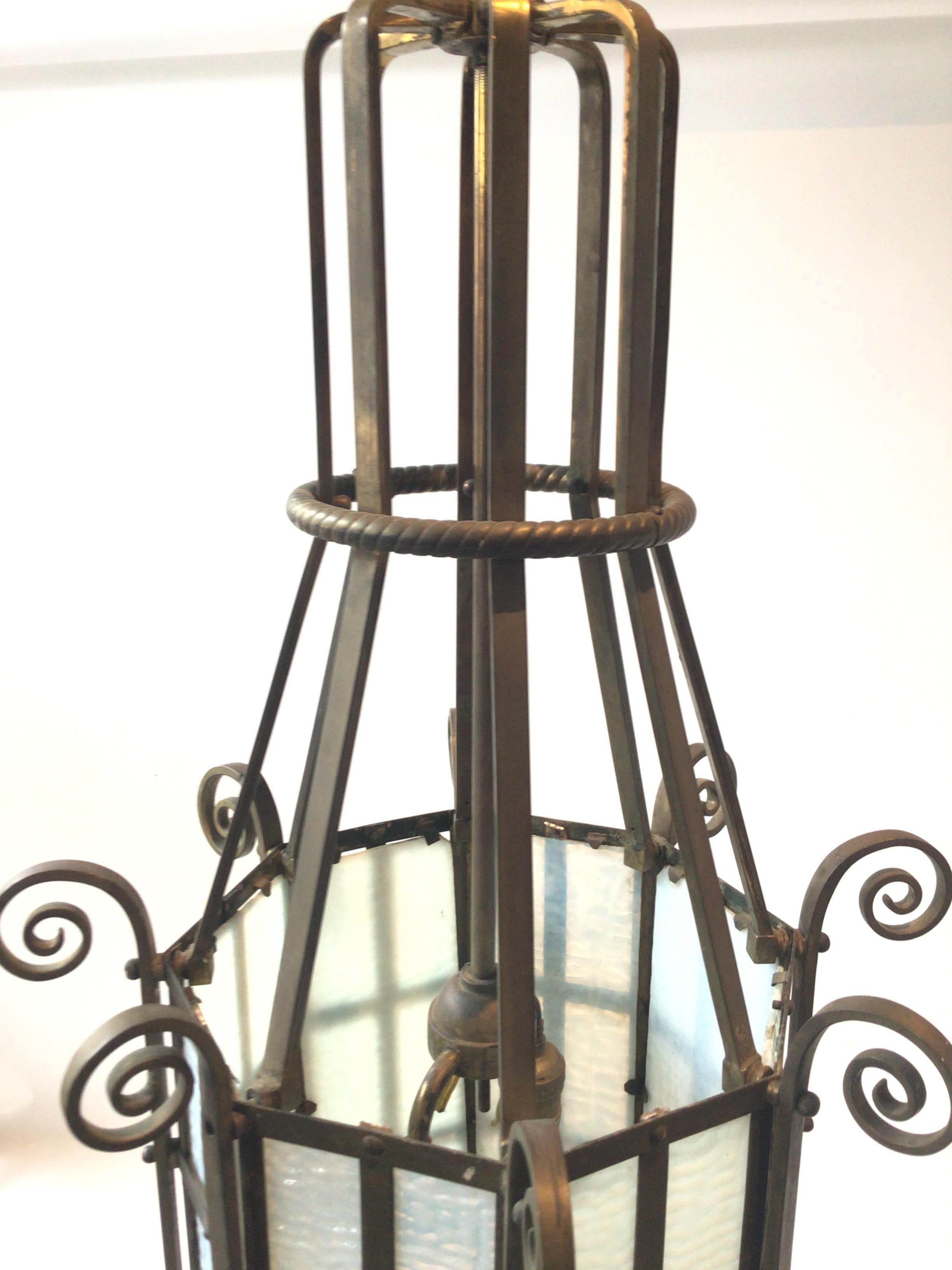 1920s Octagonal Bronze and Slate Glass Lantern For Sale 2