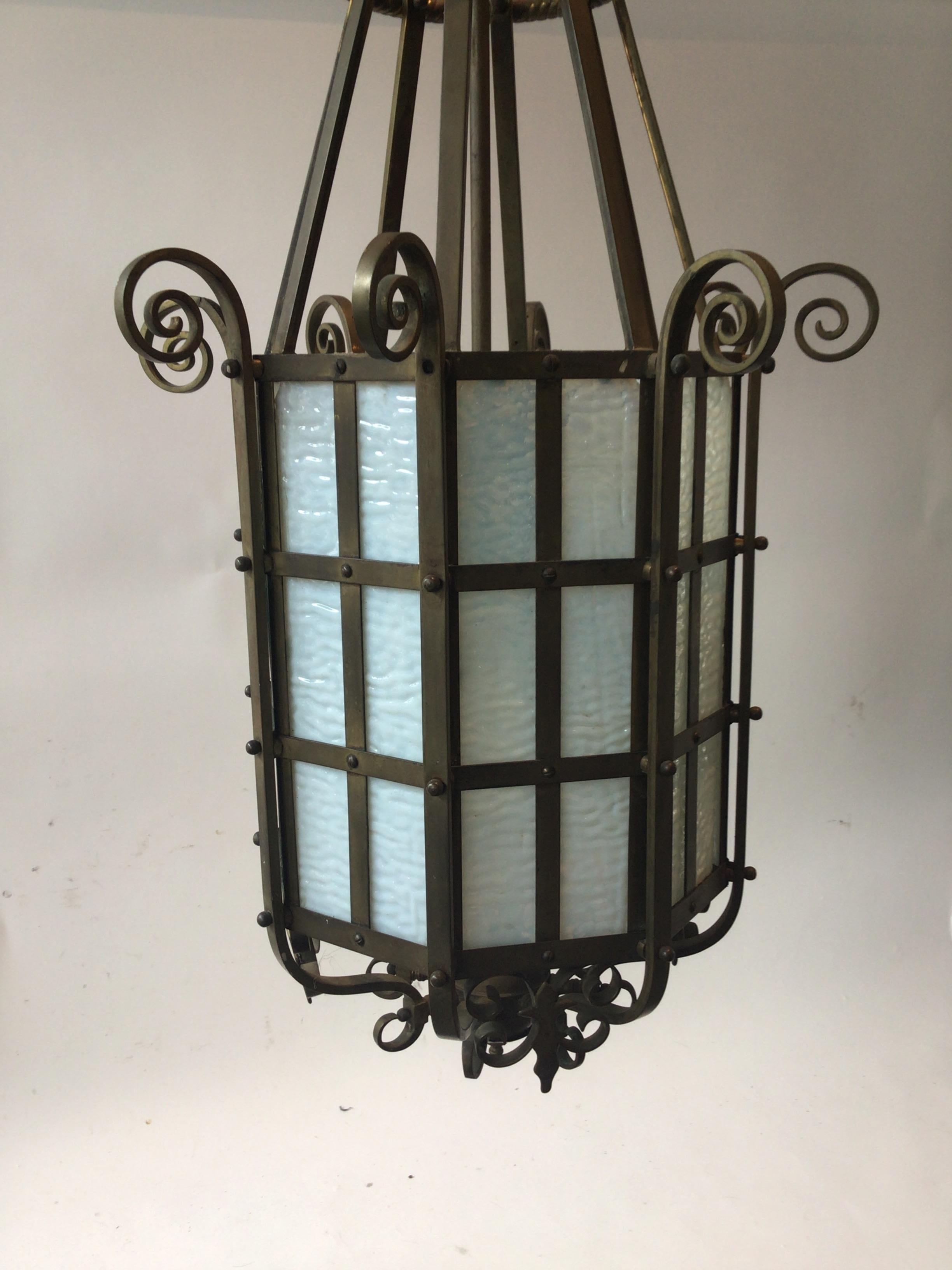 1920s Octagonal Bronze and Slate Glass Lantern For Sale 3