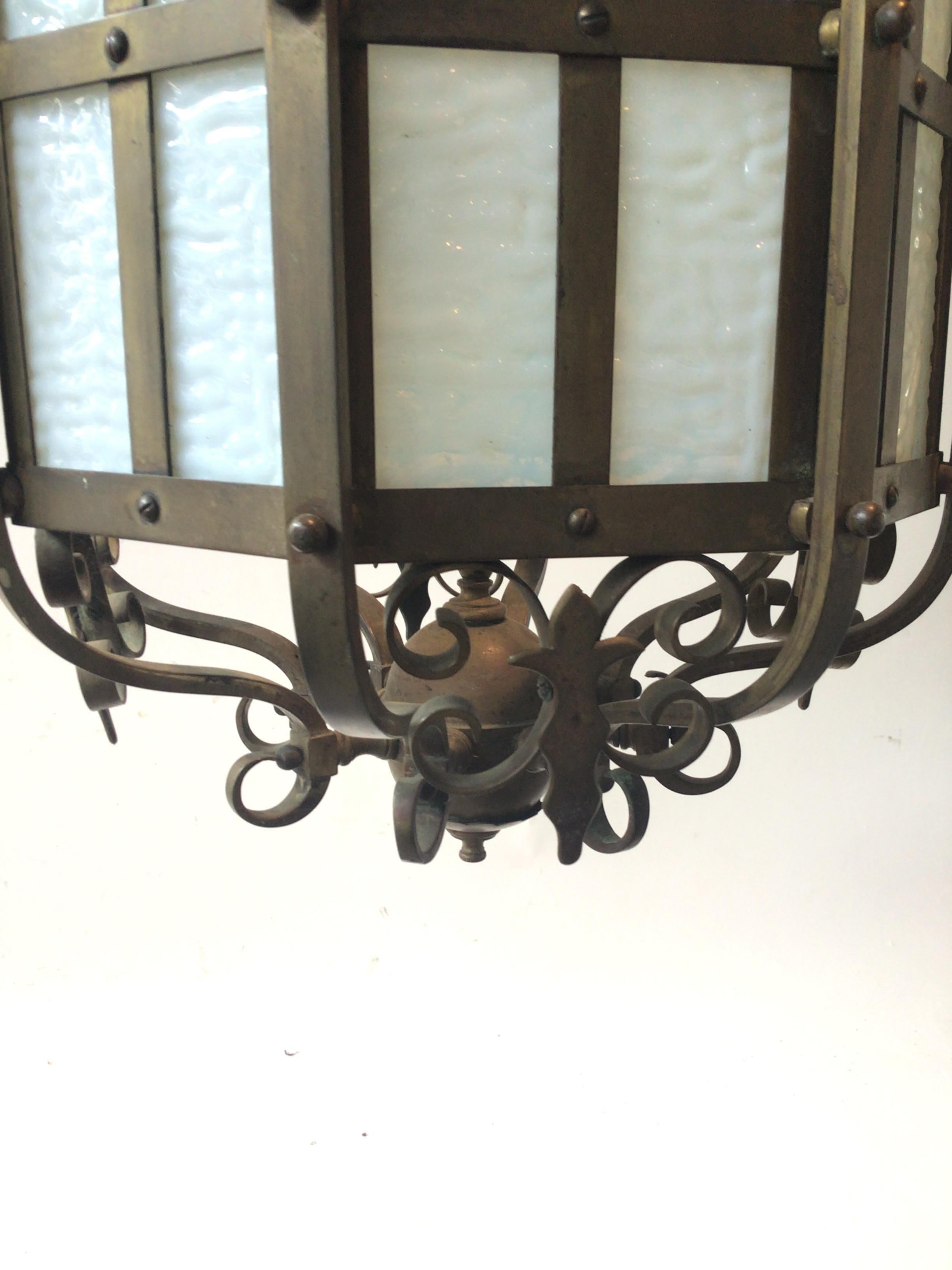 1920s Octagonal Bronze and Slate Glass Lantern For Sale 5