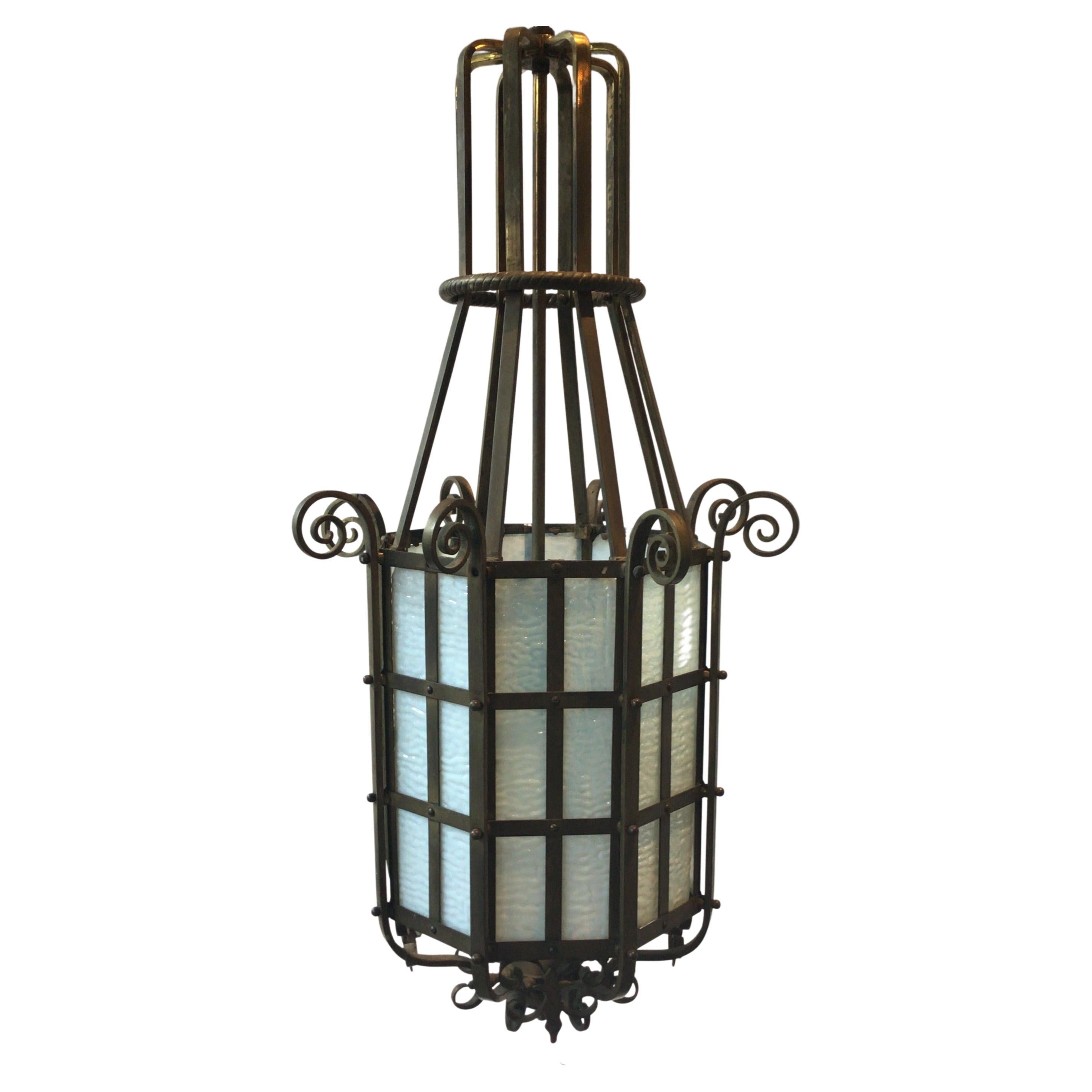 1920s Octagonal Bronze and Slate Glass Lantern For Sale
