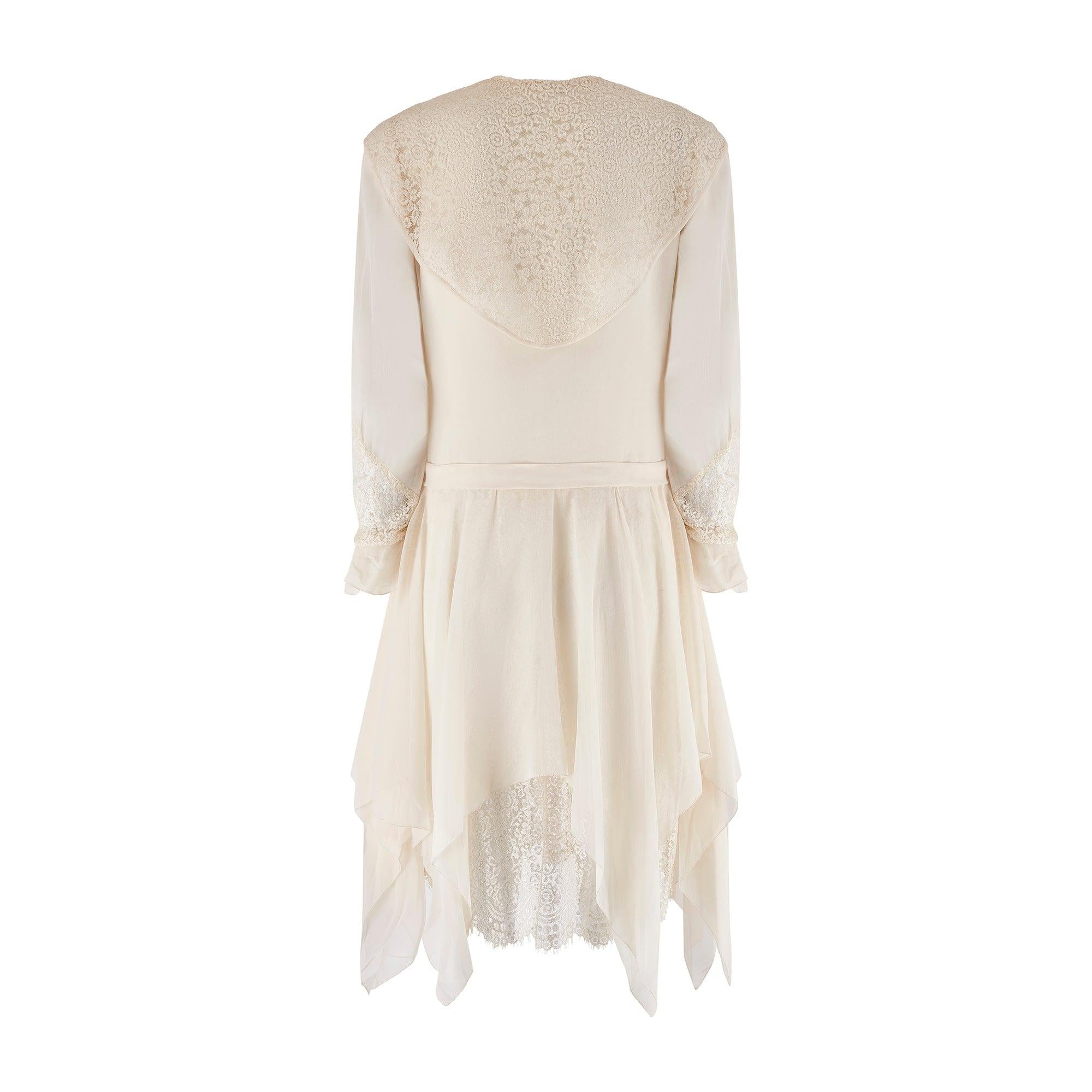 Beige 1920s Off-White Lace Wedding Dress with Rhinestone Belt For Sale