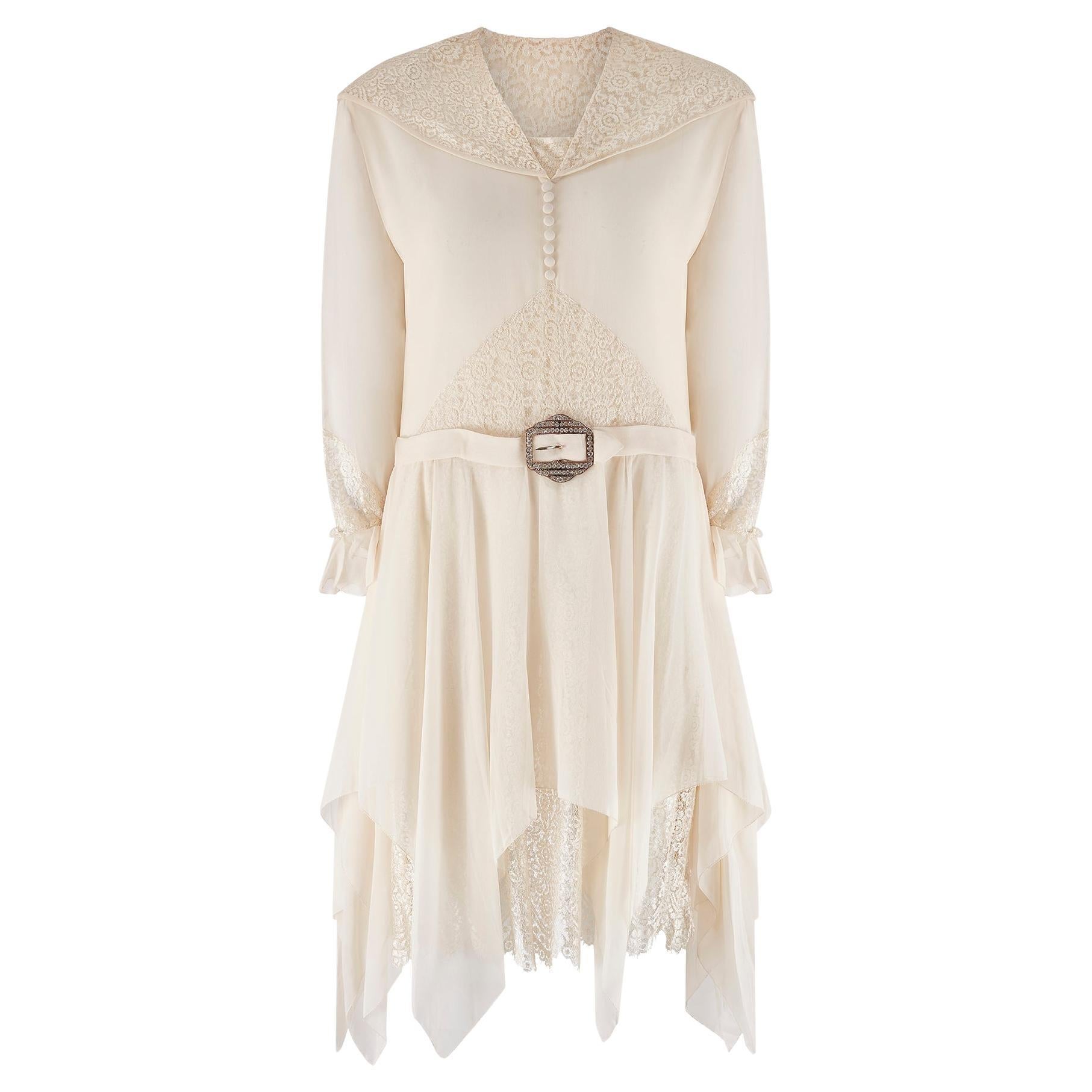 1920s Off-White Lace Wedding Dress with Rhinestone Belt For Sale