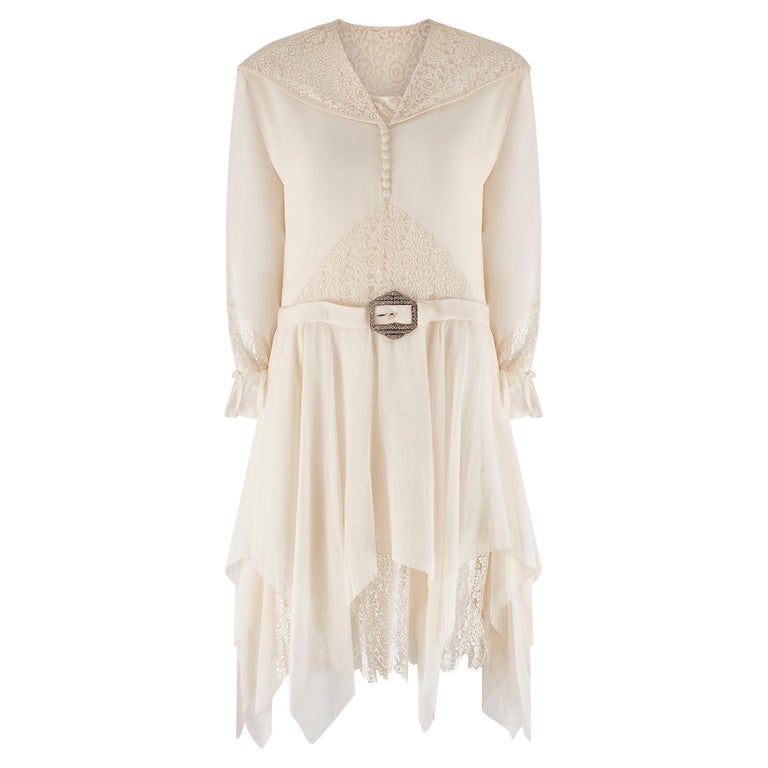 1920s Off-White Lace Wedding Dress with Rhinestone Belt For Sale at 1stDibs