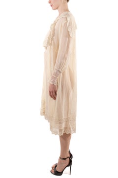 1920S Off White Sheer Organic Cotton & Lace Long Sleeve Tunic Dress