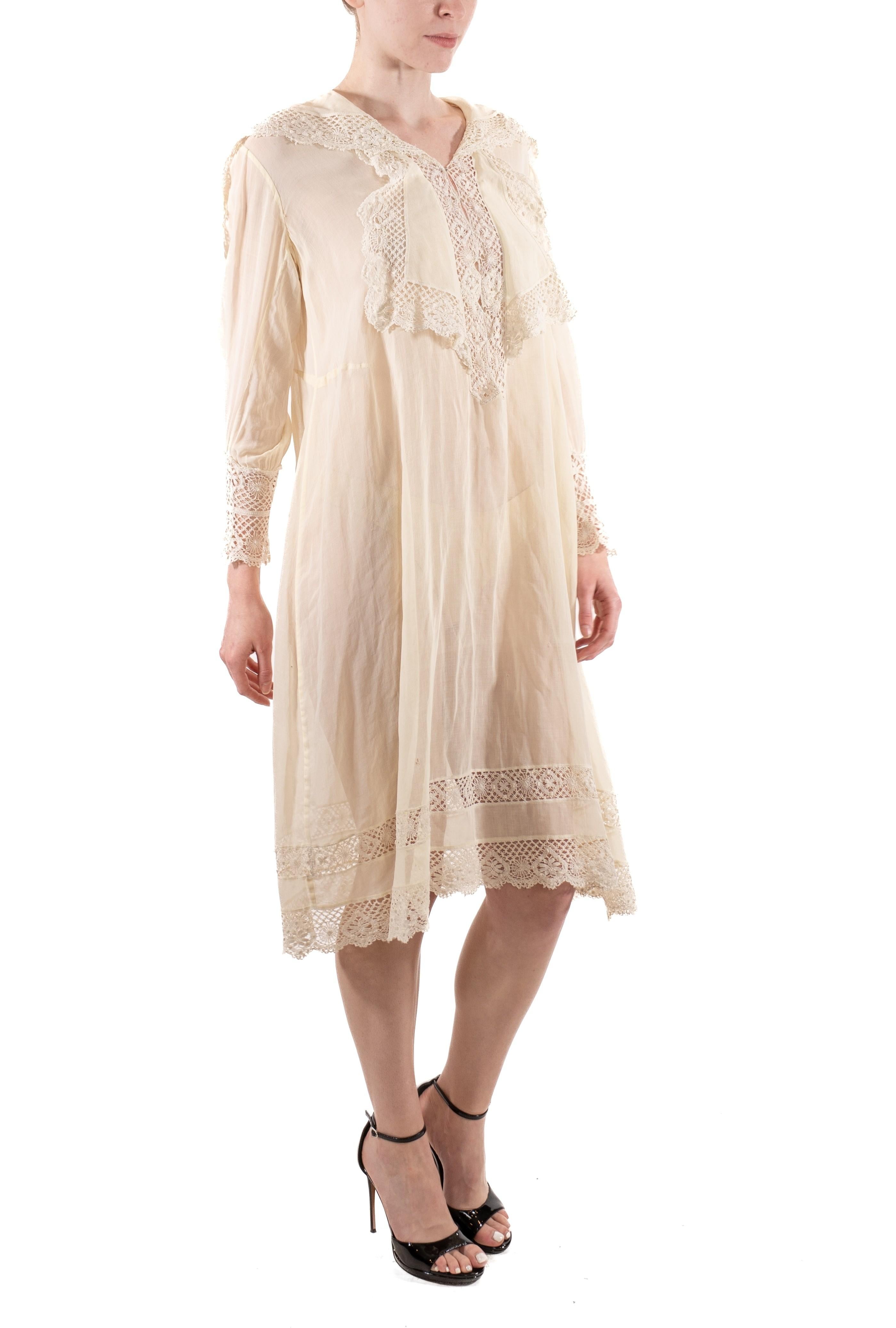 Women's 1920S Off White Sheer Organic Cotton & Lace Long Sleeve Tunic Dress For Sale
