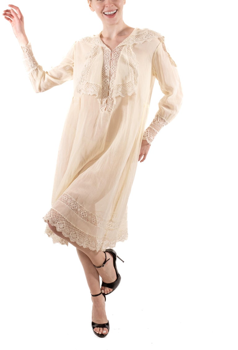 1920s Off White Sheer Organic Cotton & Lace Long Sleeve Tunic Dress