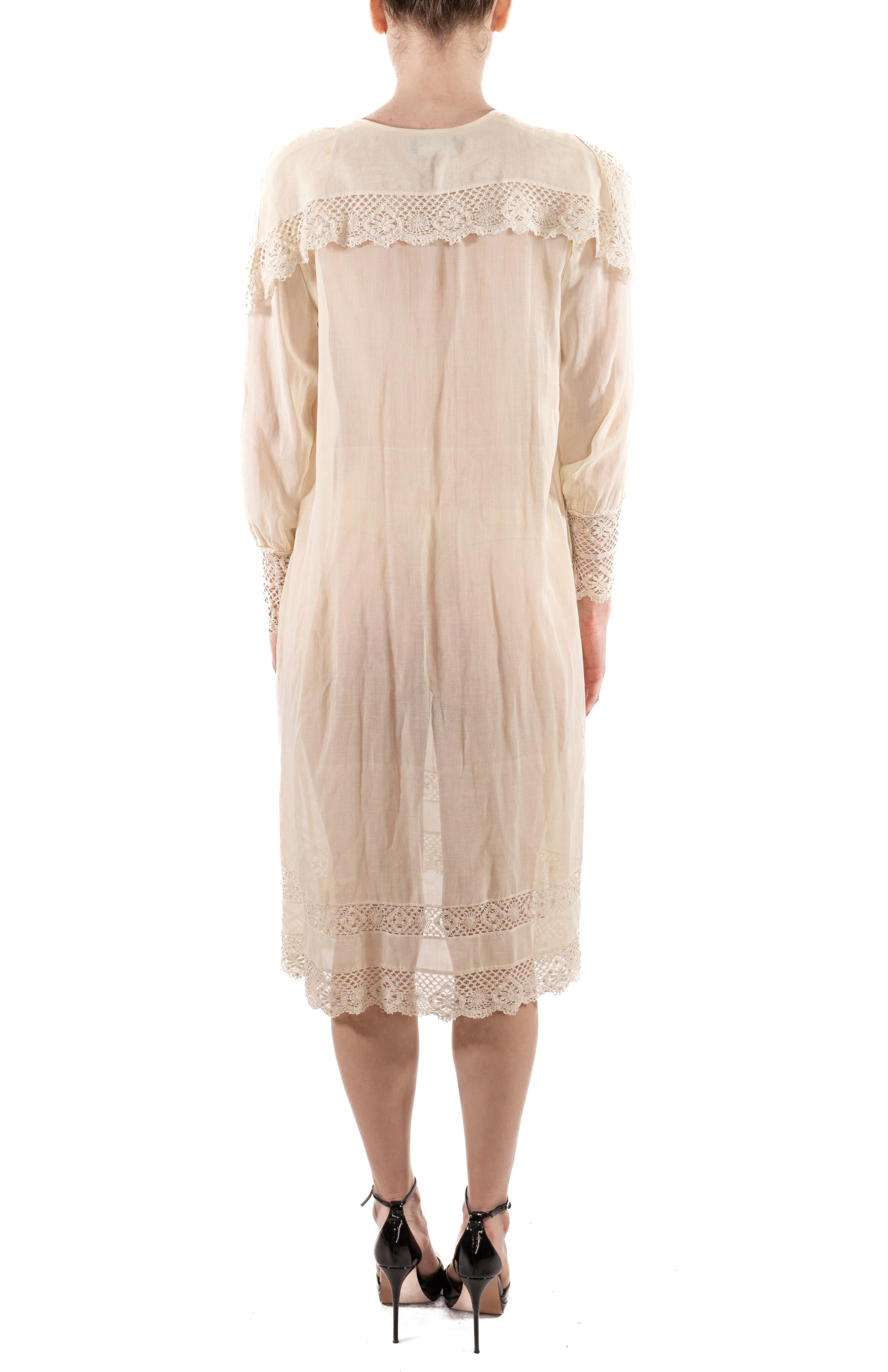 1920S Off White Sheer Organic Cotton & Lace Long Sleeve Tunic Dress For Sale 2