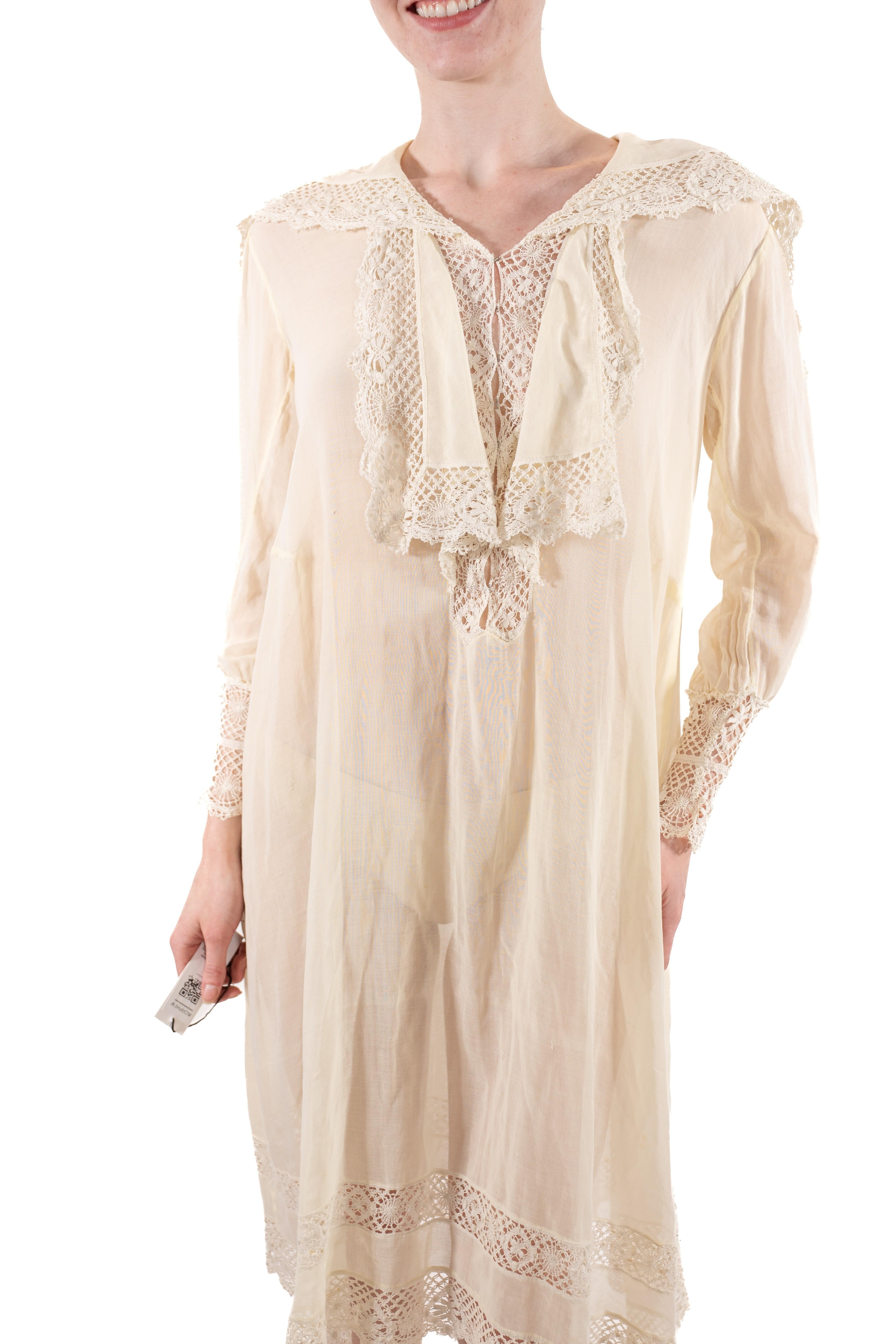 1920S Off White Sheer Organic Cotton & Lace Long Sleeve Tunic Dress For Sale 5
