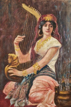 1920's Oil on Canvas of Woman Playing Harp, Signed by the Artist