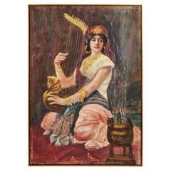 1920's Oil on Canvas of Woman Playing Harp, Signed by the Artist
