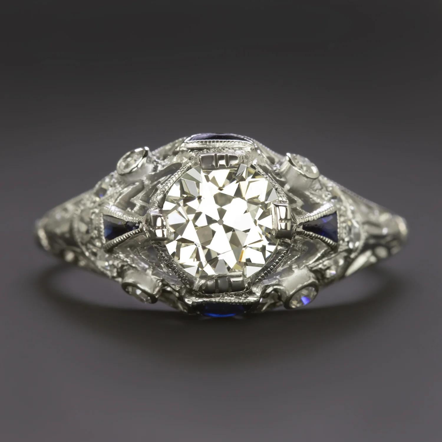 Art déco Coupe européenne des années 1920  Bague 1,14ct diamant et saphir - Art Deco Platinum en vente