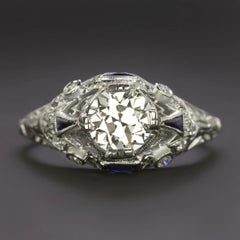 1920s Old European Cut  1.14ct Diamond & Sapphire Ring – Art Deco Platinum