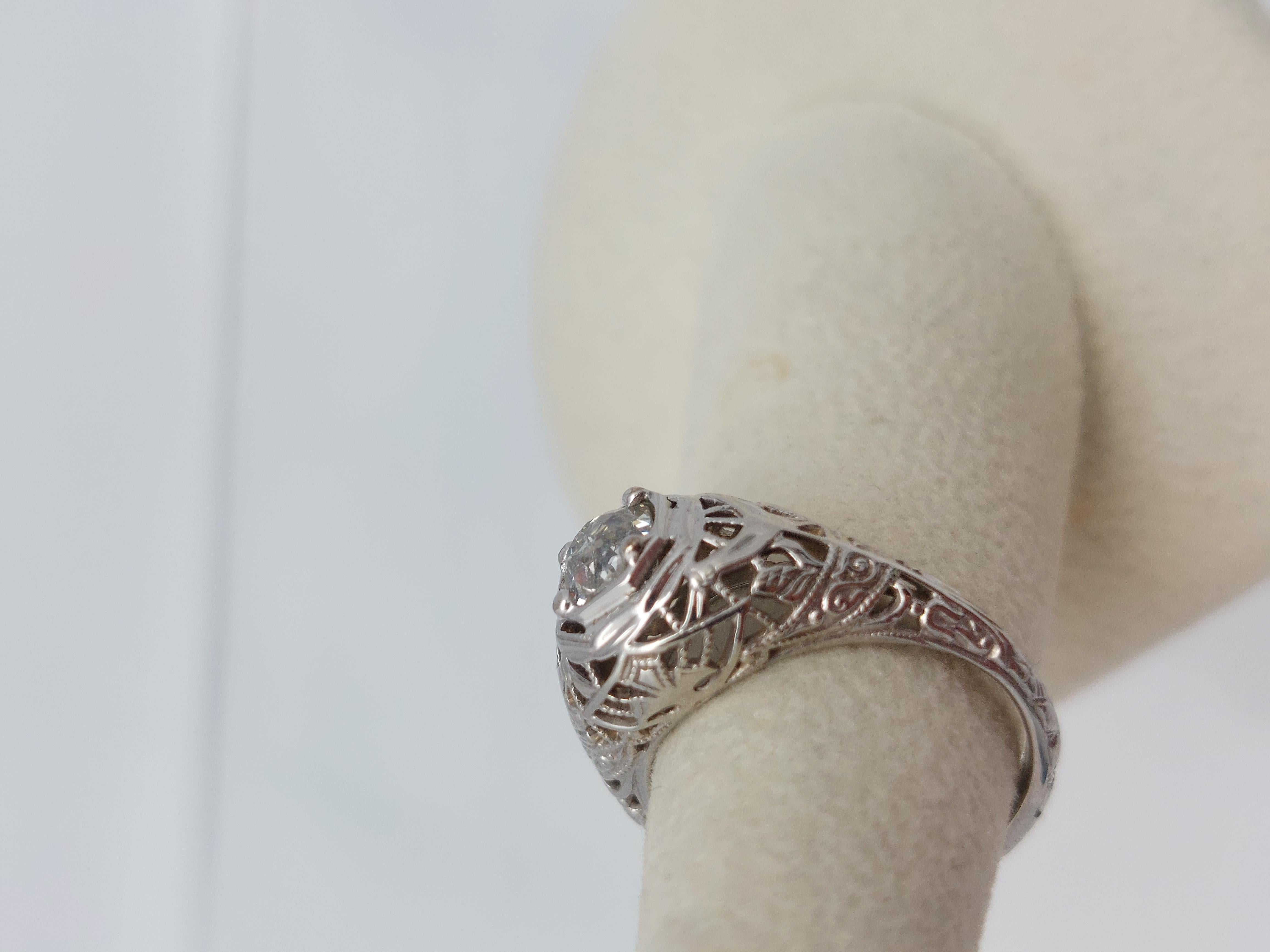 Art Deco 1920's Old European Diamond Filigree Ring For Sale
