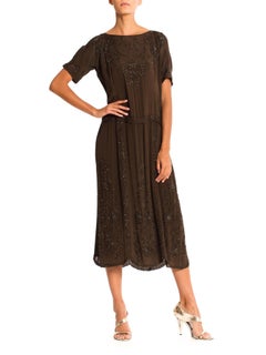 1920'S Olive Brown Silk Crepe Deco Medallion Beaded Cocktail Dress With Cold Sh