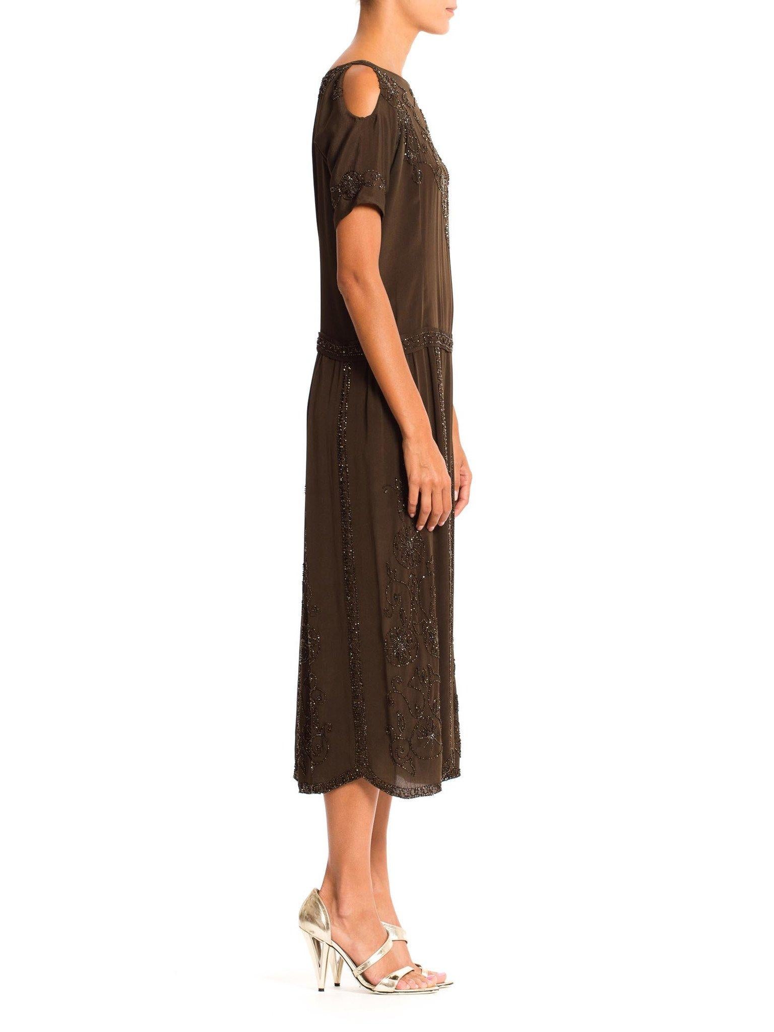 Women's 1920'S Olive Brown Silk Crepe Deco Medallion Beaded Cocktail Dress With Cold Sh For Sale