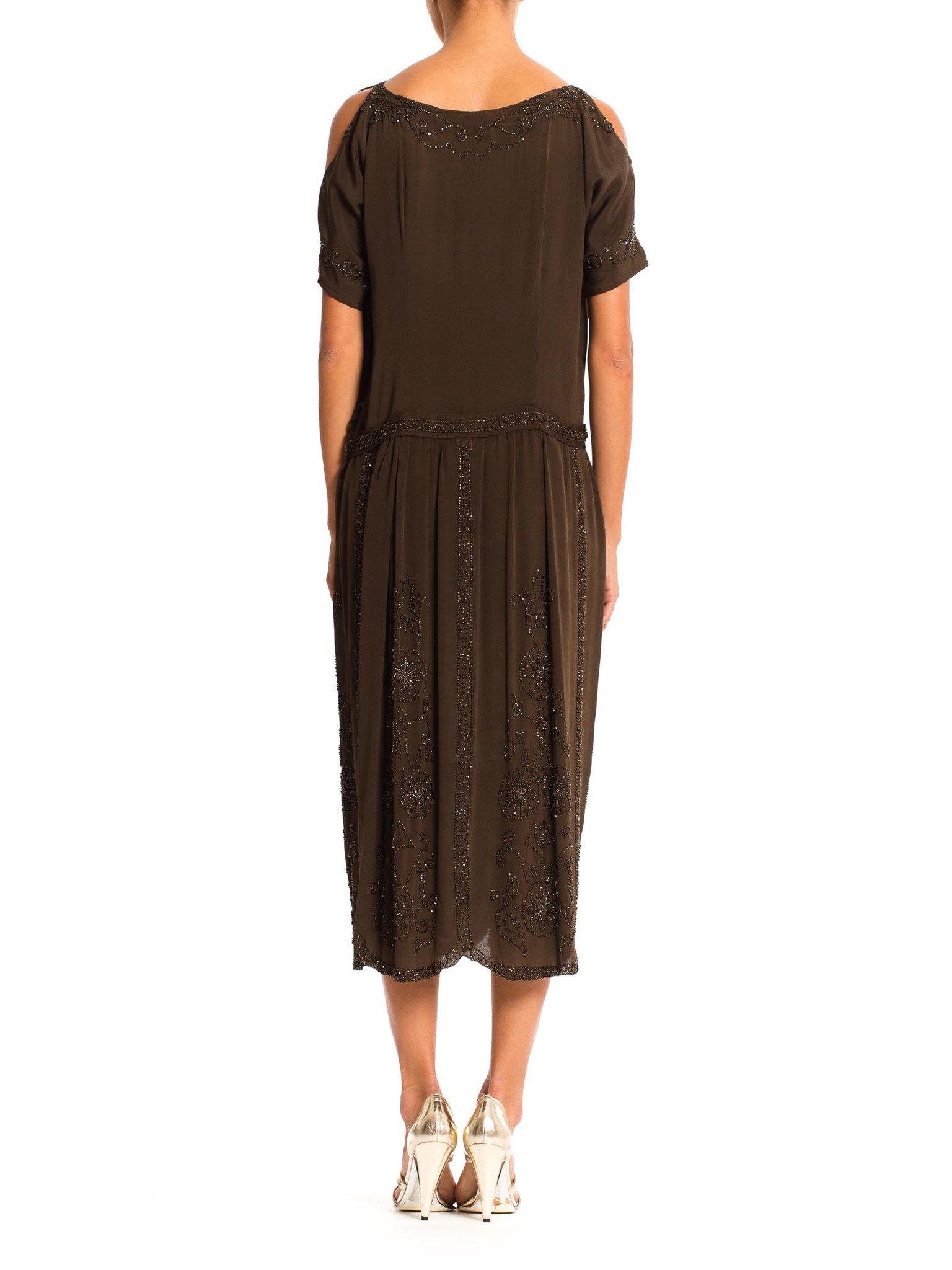 1920'S Olive Brown Silk Crepe Deco Medallion Beaded Cocktail Dress With Cold Sh For Sale 1