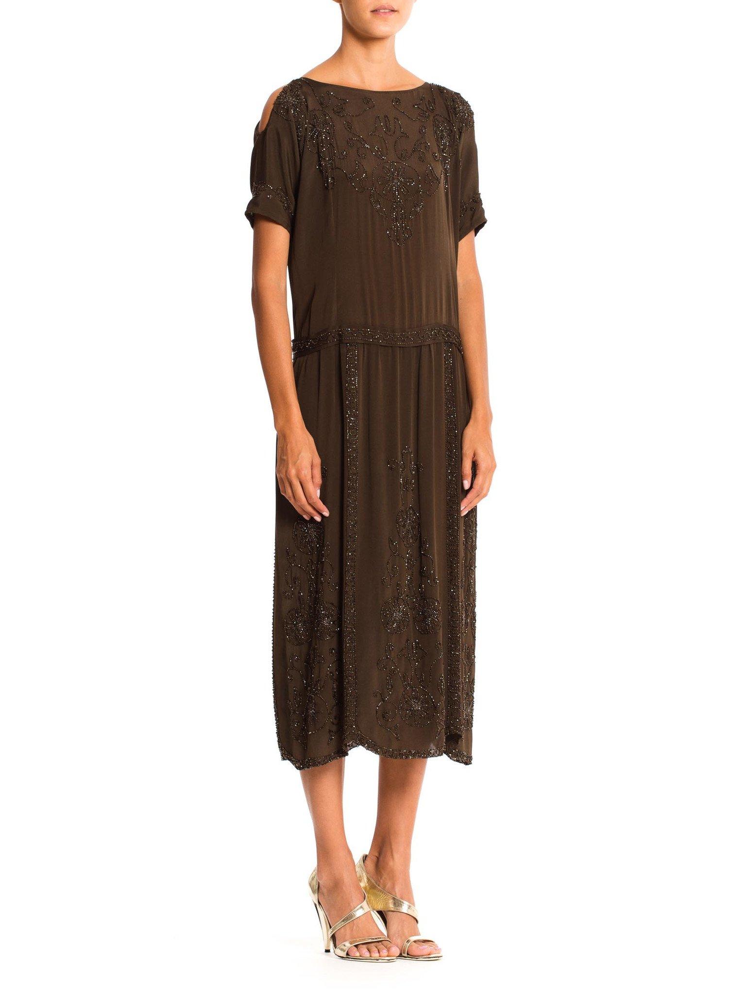 1920'S Olive Brown Silk Crepe Deco Medallion Beaded Cocktail Dress With Cold Sh For Sale 2