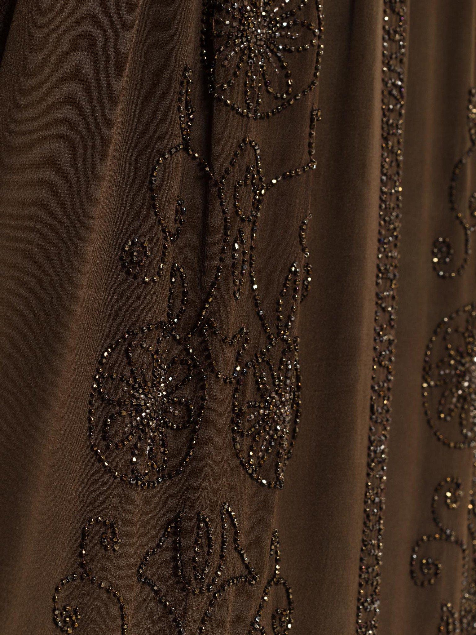 1920'S Olive Brown Silk Crepe Deco Medallion Beaded Cocktail Dress With Cold Sh For Sale 4