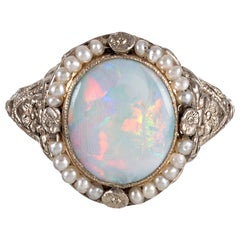 Antique 1920s Opal and Pearl Filigree Ring