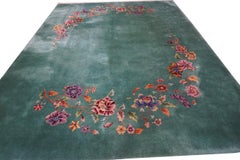 1920s Open Green Field Floral Knotted Wool Antique Chinese Art Deco Carpet Rug