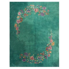 1920s Open Green Field Floral Knotted Wool Antique Chinese Art Deco Carpet Rug
