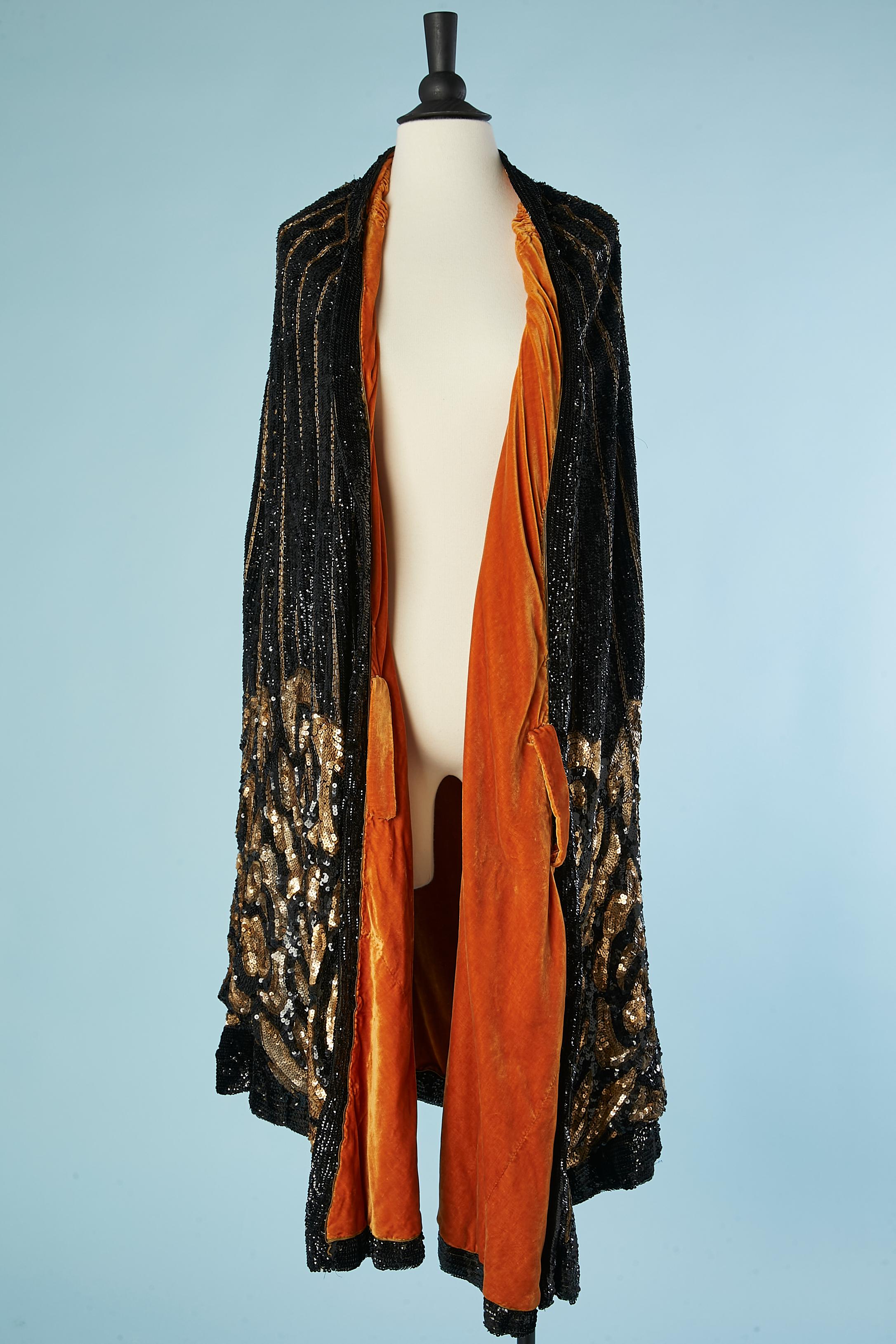 Women's 1920's Opera cape in gold and black sequins with silk velvet orange lining  For Sale