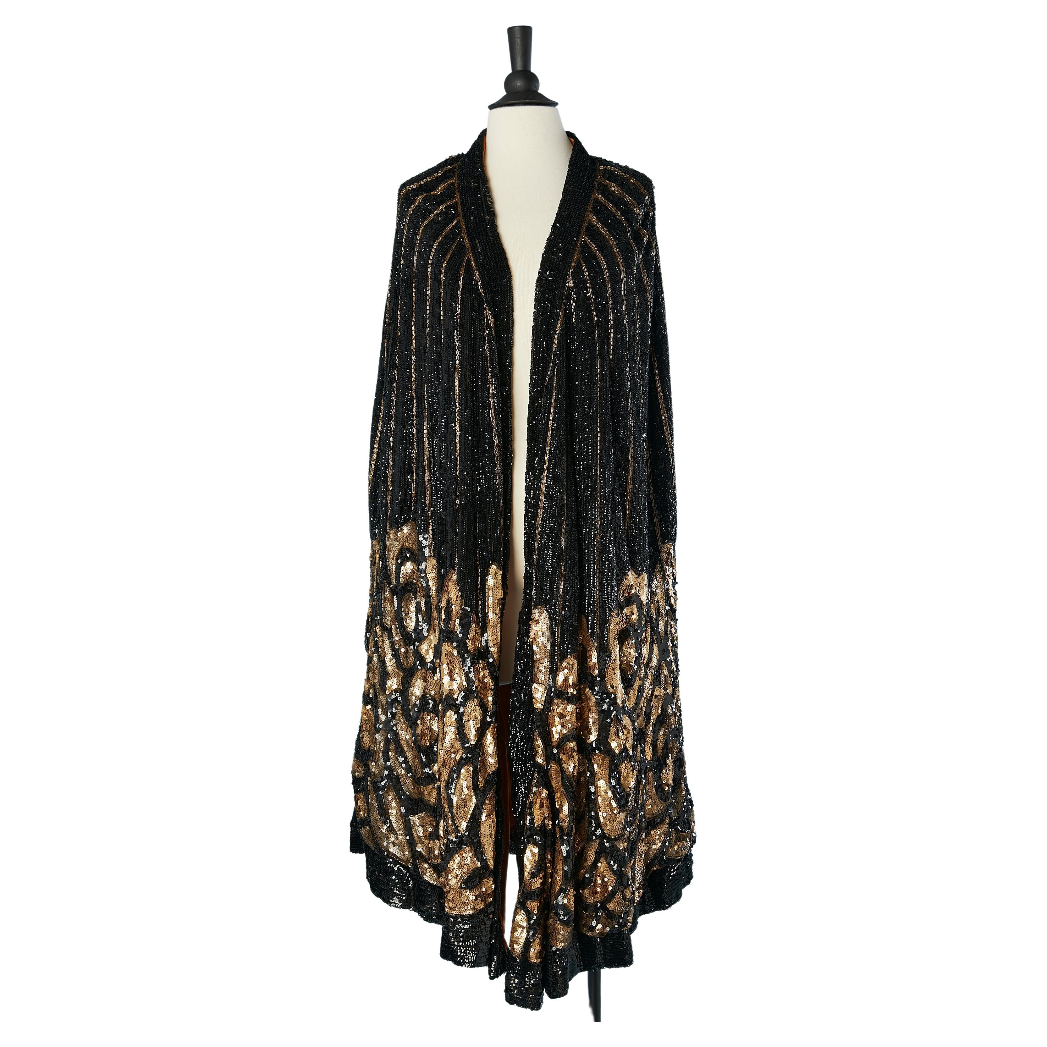 1920's Opera cape in gold and black sequins with silk velvet orange lining  For Sale