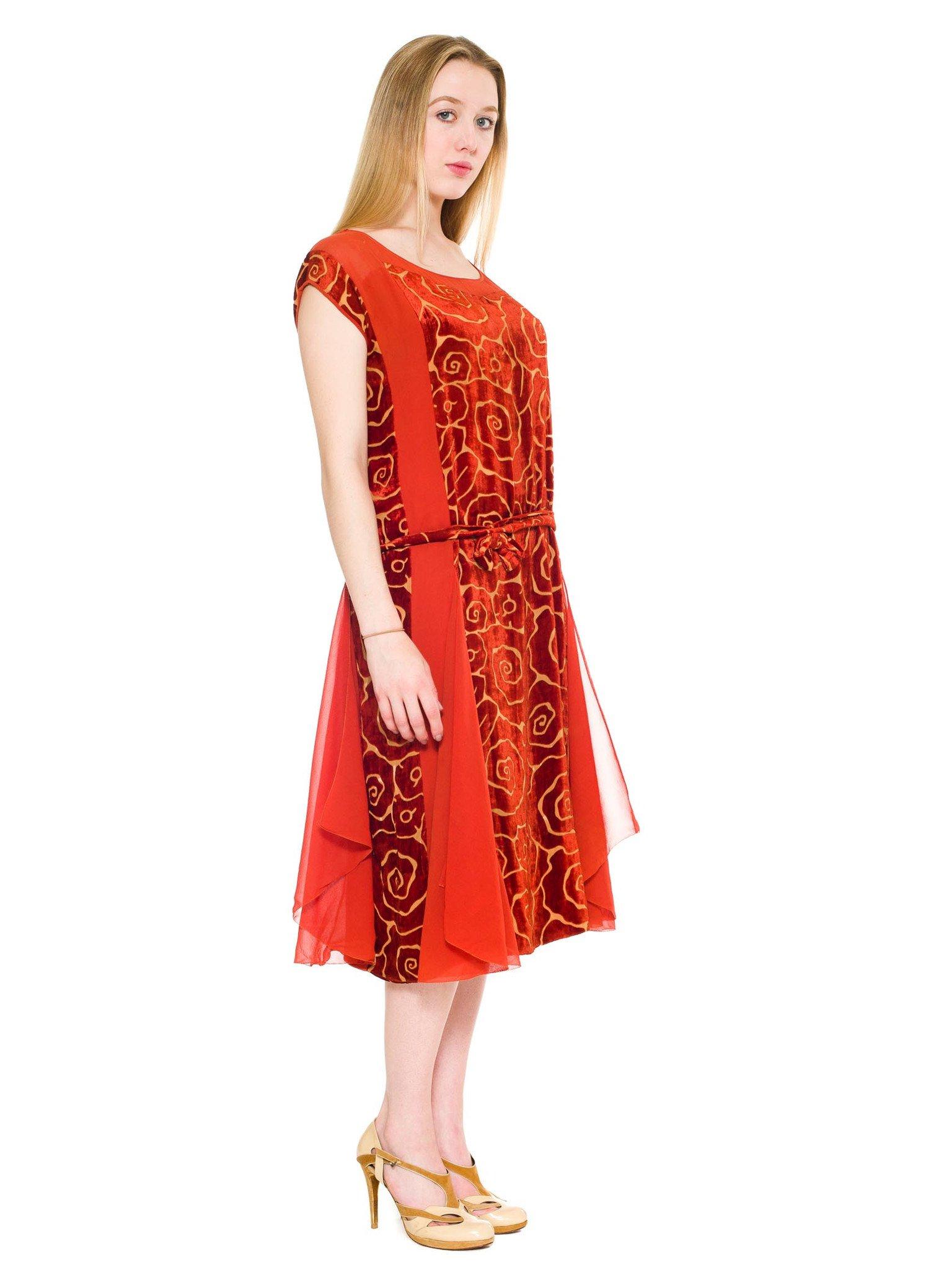 1920S Orange Floral Seide Ausbrenner Samt  & Chiffon Volant Godet Kleid
