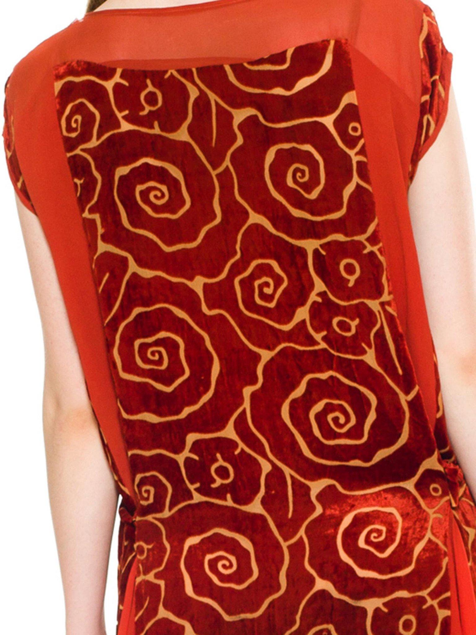 Women's 1920S Orange Floral Silk Burnout Velvet  & Chiffon Flounce Godet Dress For Sale