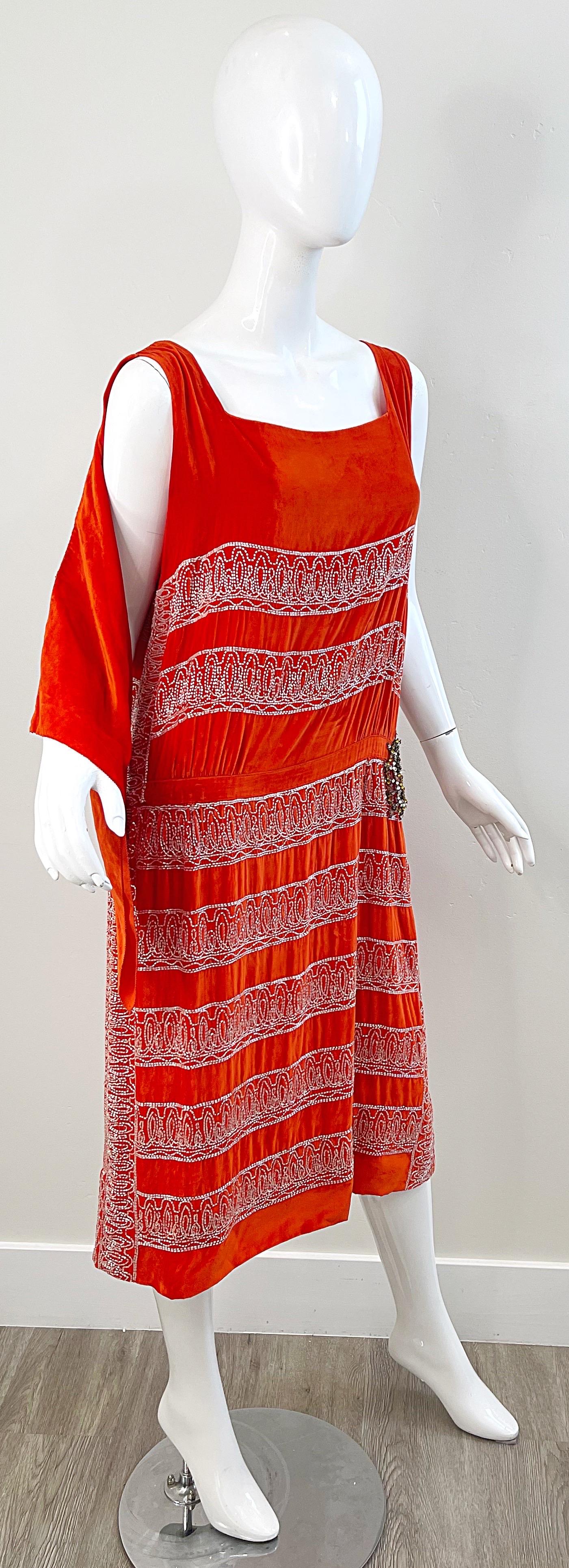 1920s Orange Velvet French Couture Beaded Rhinestone Vintage Deco Flapper Dress For Sale 6