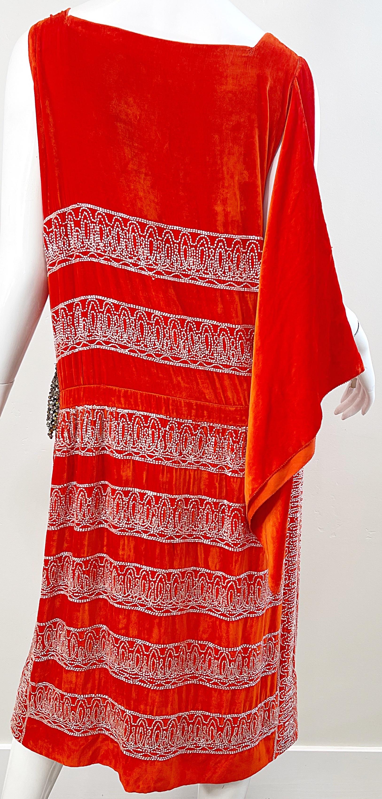 1920s Orange Velvet French Couture Beaded Rhinestone Vintage Deco Flapper Dress For Sale 7