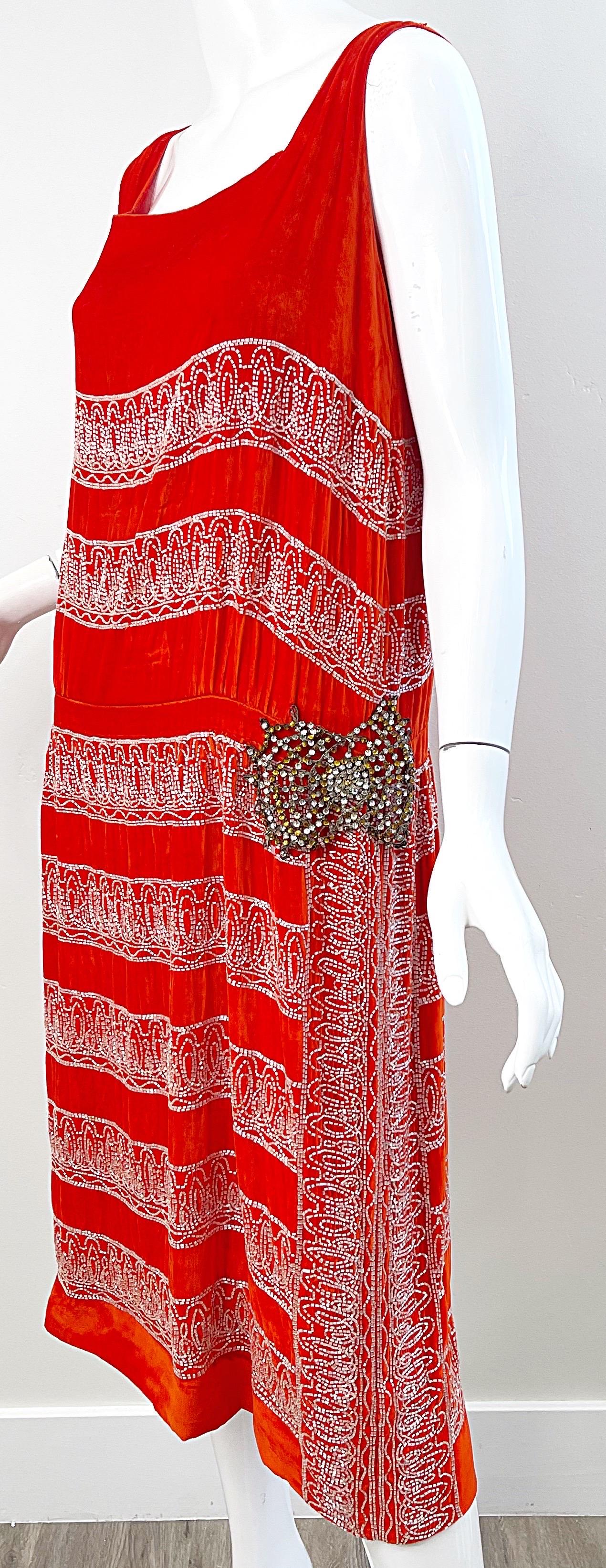 1920s Orange Velvet French Couture Beaded Rhinestone Vintage Deco Flapper Dress For Sale 9